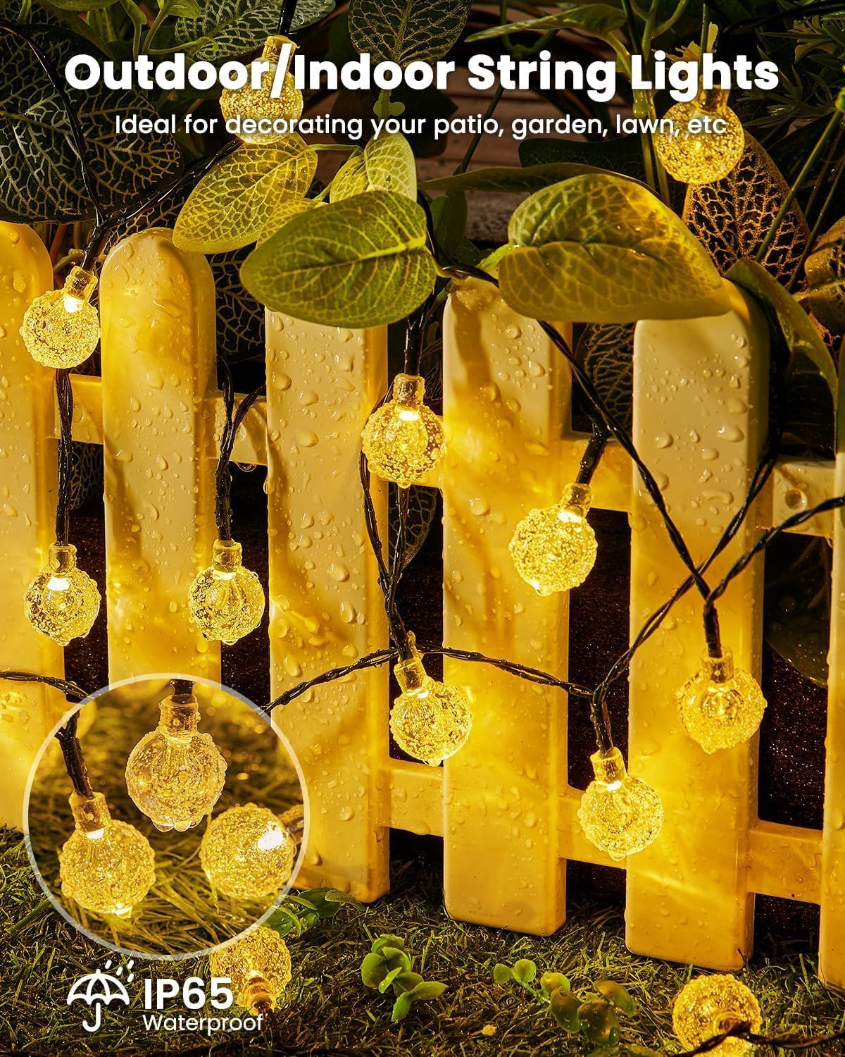 Brightown Solar String Lights Outdoor 60 Led 35.6 Feet Crystal Globe Lights with 8 Lighting Modes