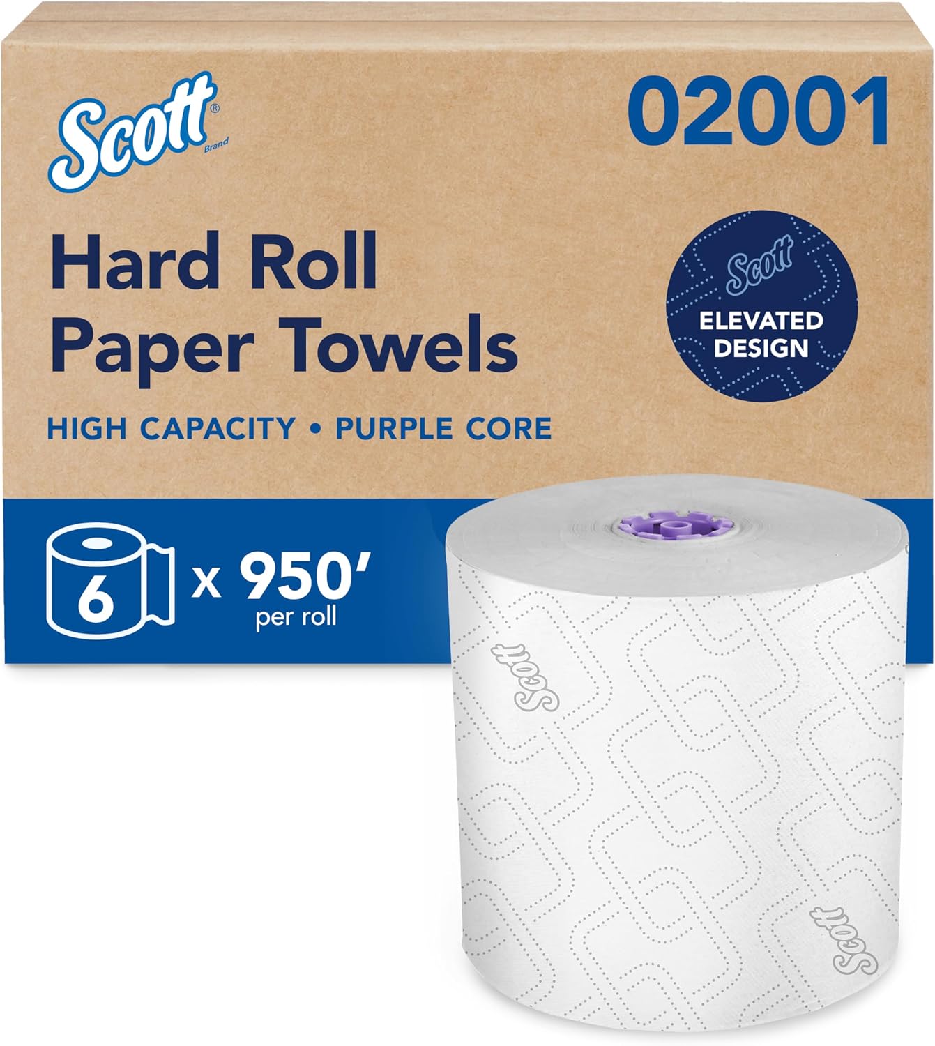 Scott Professional Hard Roll Paper Towels, Bulk, 6 Rolls x 950' (02001) | Purple Core, High-Capacity, Elevated Design, Absorbency Pockets, White, Plus Tier, Compatible with Scott Essential Dispensers