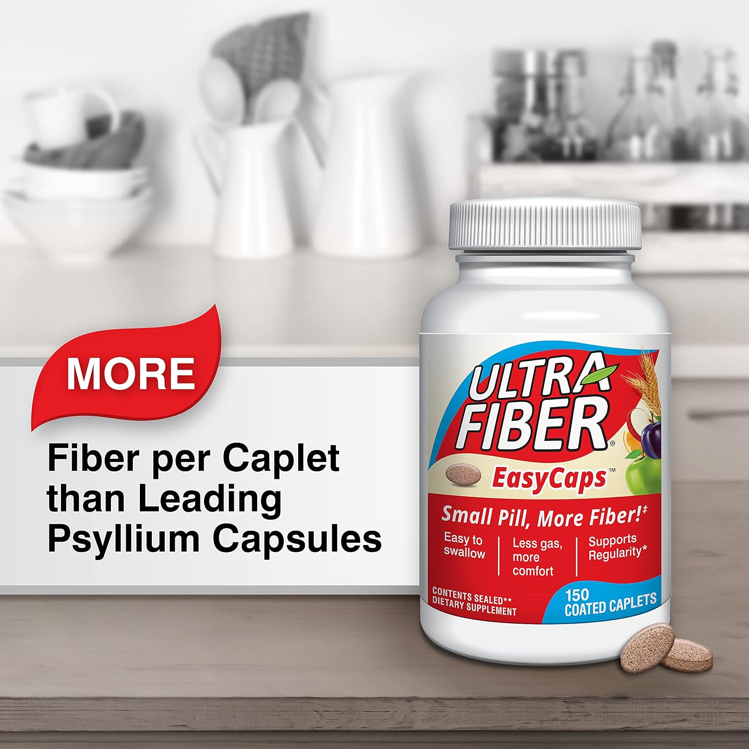 Ultra-Fiber High Fiber Supplement, Soluble & Insoluble Fiber, 150 Count | Coated, easy-to-swallow caplets provide 48% more fiber for comfortable