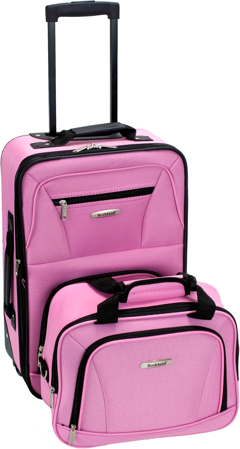 Rockland Fashion Softside Upright Luggage Set,Expandable, Telescopic Handle, Wheel, Black Dot, 2-Piece (14/19)