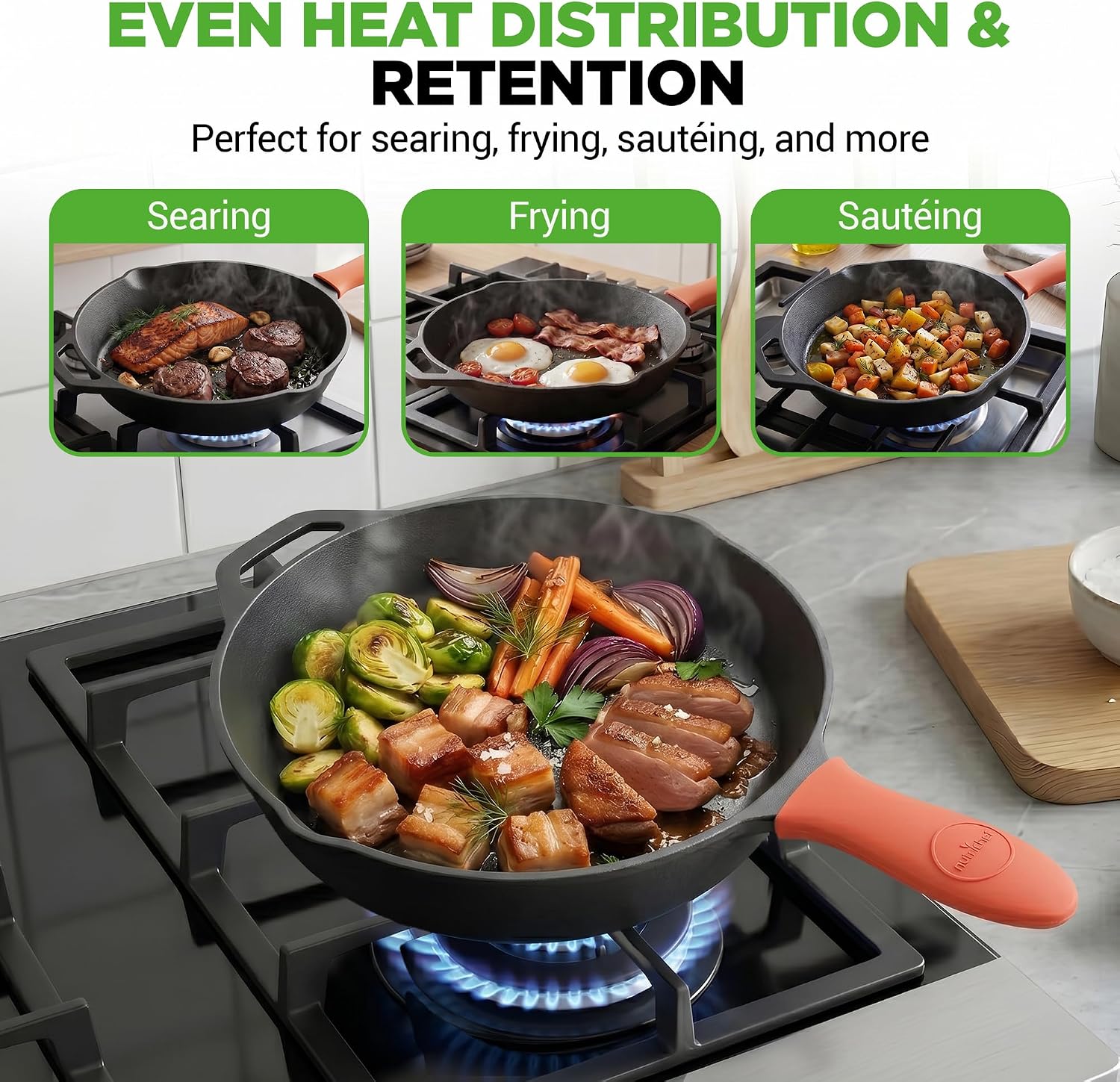 NutriChef 10 Inch Cast Iron Skillet with Lid - Pre-Seasoned Small Fry Pan with Side Drip Spout and Silicone Handle