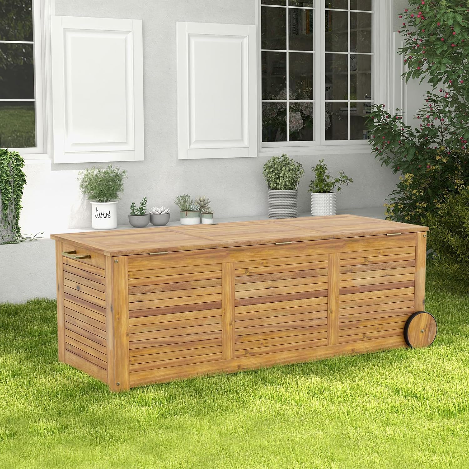 Tangkula 46 Gallon Acacia Wood Deck Box, Garden Backyard Storage Bench, Outdoor Storage Container for Patio Furniture Cushions and Gardening Tools