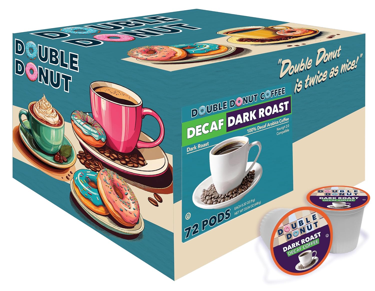 Double Donut Coffee Double Donut Medium Roast Decaf Coffee Pods, Classic, for Keurig K-Cup Machines, 24 Single-Serve Capsules per Box