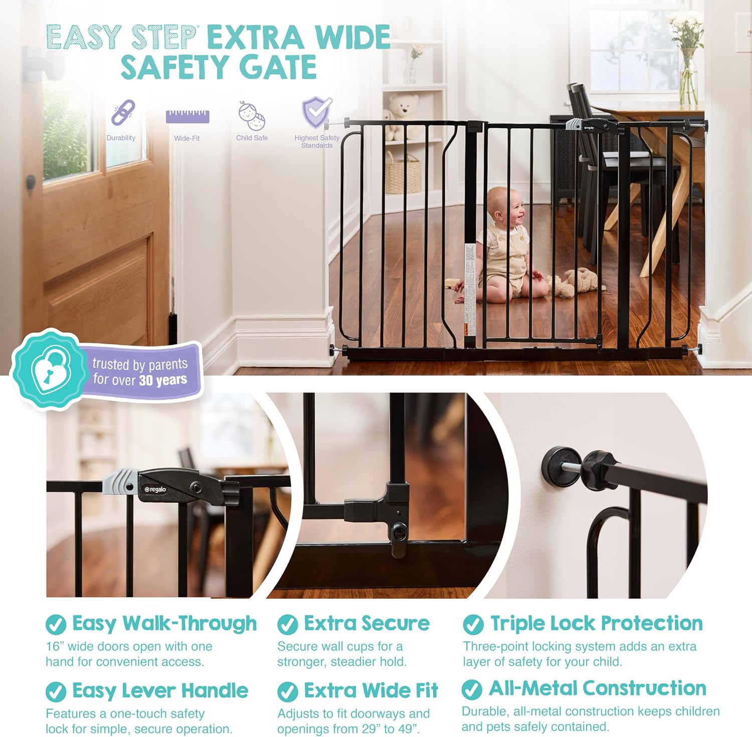 Regalo Safety 29"-49" Extra Wide Baby Gate, Bottom of Stairs & Doorways | Pressure Mounted with Door, For Babies, Toddlers & Pets, White, Tested & Trusted for 30 Years