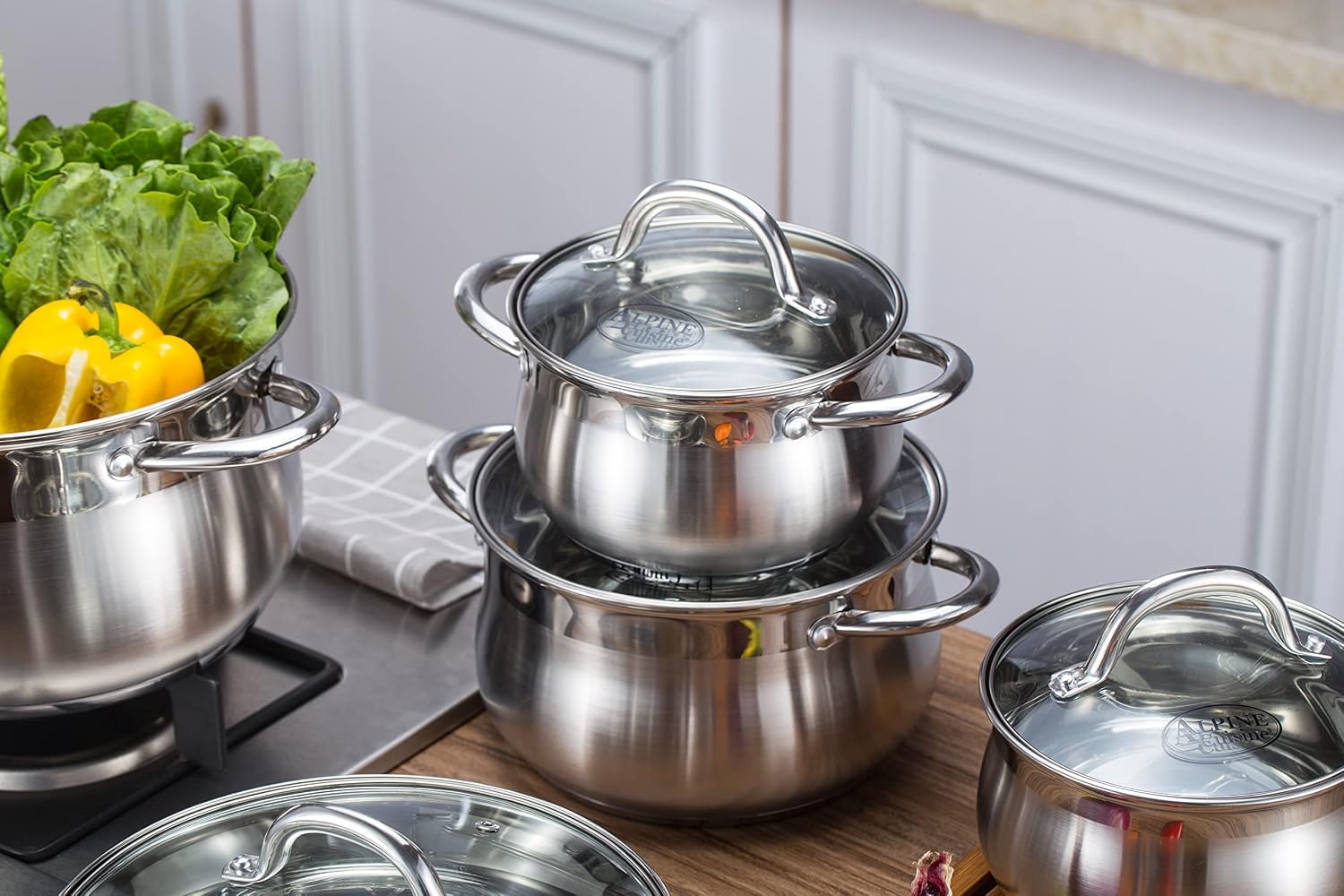 Alpine Cuisine 2-Quart Stainless Steel Dutch Oven with Tempered Glass Lid, Belly Shape, Heavy Duty & Dishwasher Safe