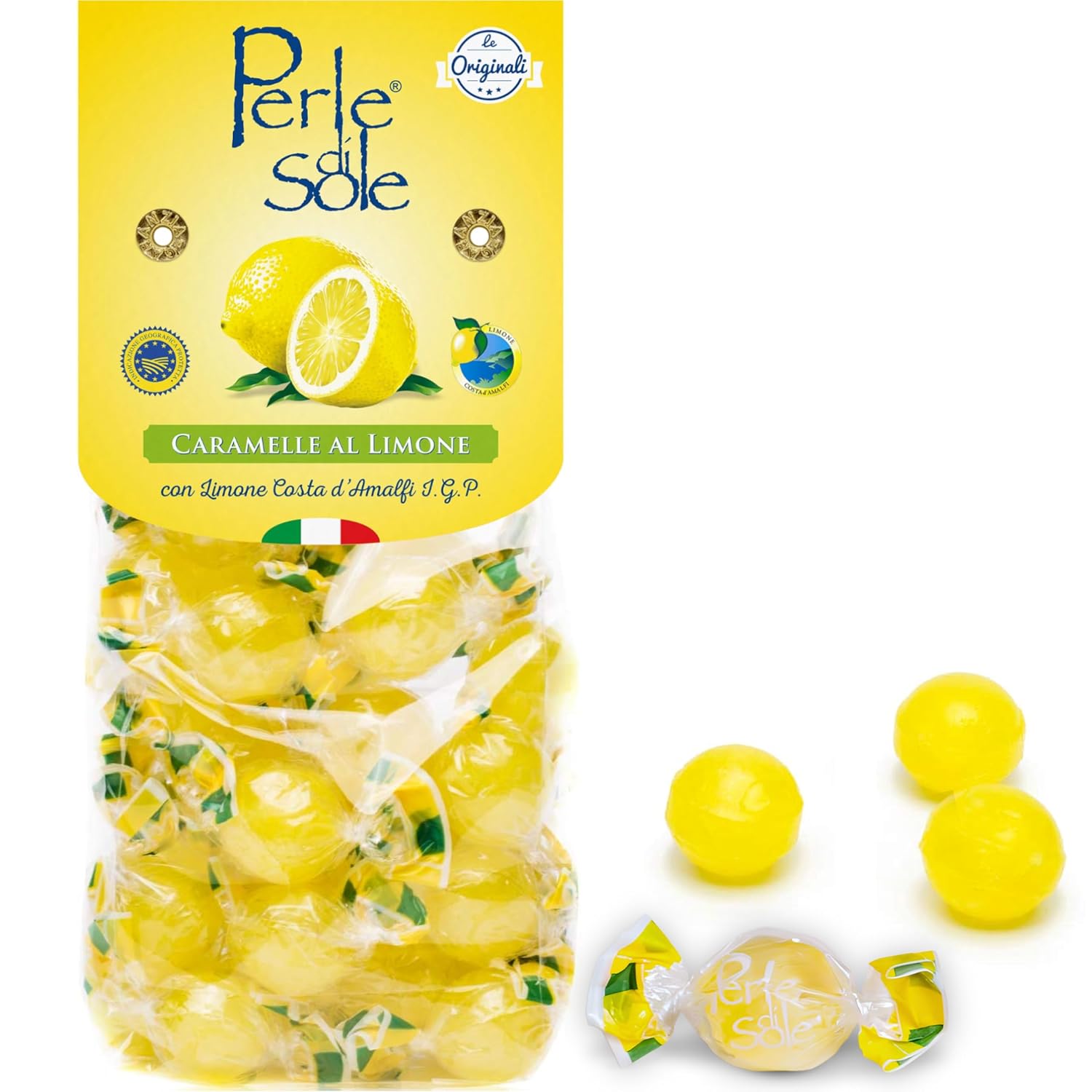 Perle di Sole Italian Lemon Drops Hard Candy Individually Wrapped (7.05 oz) Made with Essential Oils of Amalfi Coast P.G.I. Lemon - Italian Imported Gifts From Italy