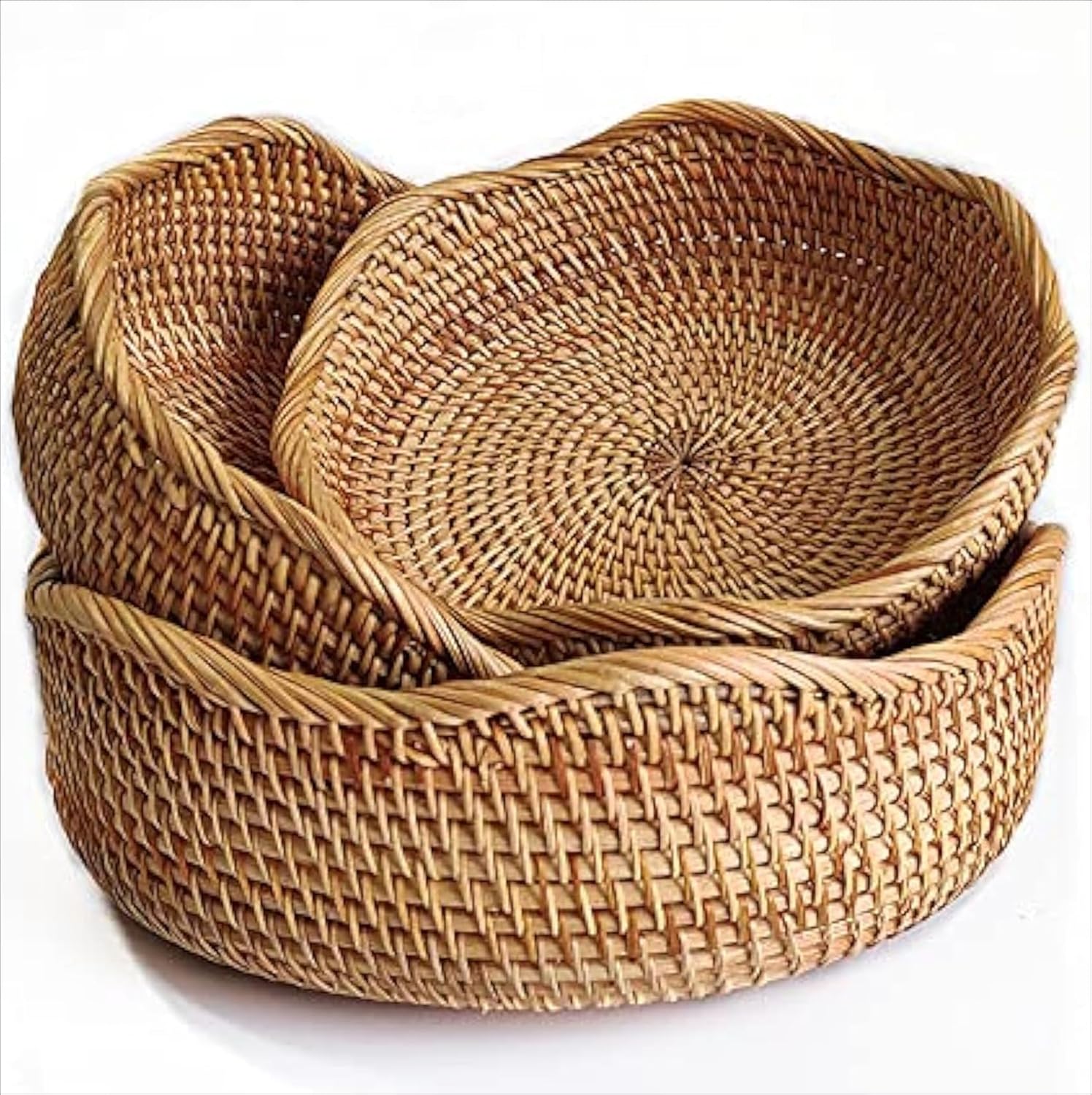 YANGQIHOME Rattan Bread Basket, Round Fruit Baskets, Wicker Storage Bowls, Natural Woven Serving Basket Bowls