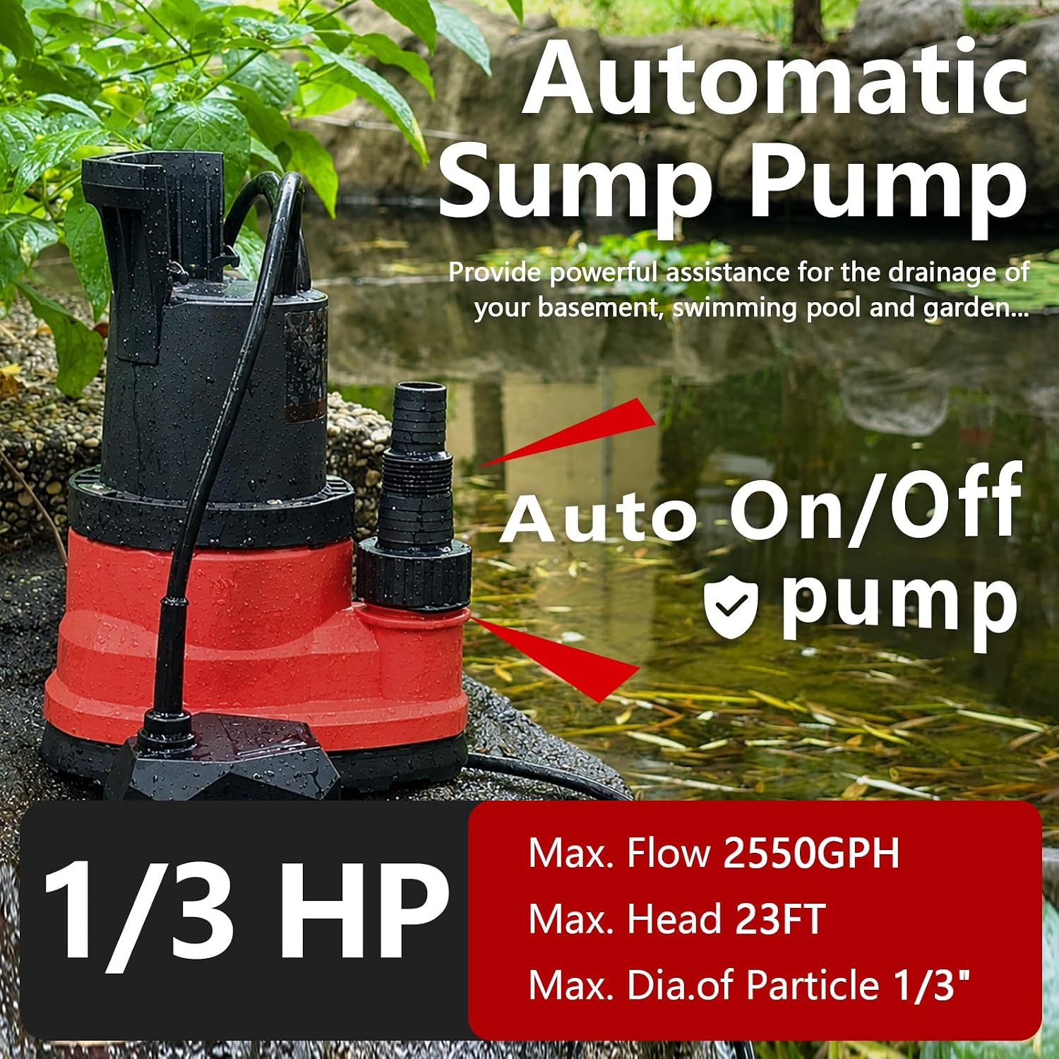 1/3 HP Automatic Sump Pump, 110V 2550 GPH Submersible Utility Water Pump | Auto Switch, Drains Down to 0.1”, 16 FT power cord