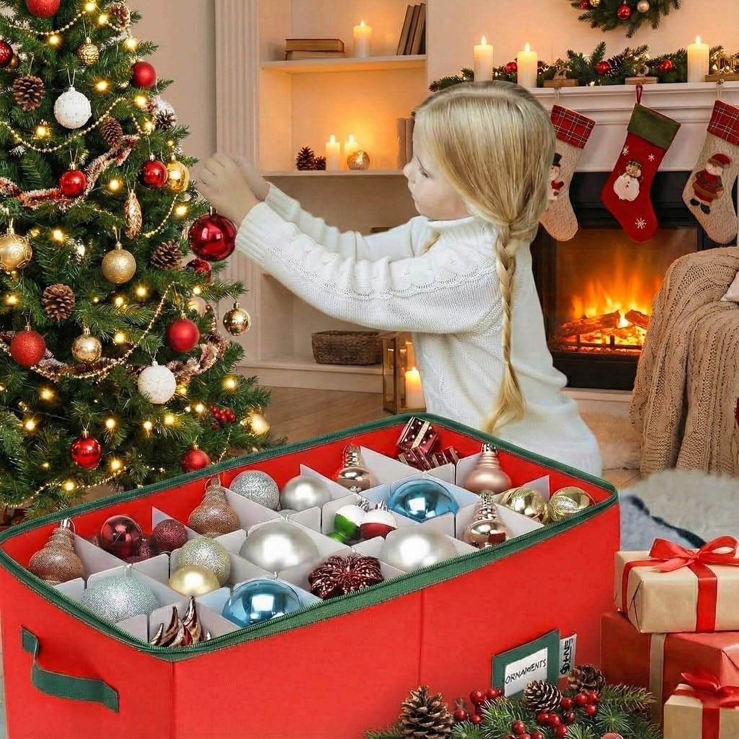 Christmas Ornament Storage Container with Dividers - Box Stores Up to 54 Ornaments, Zippered, Convenient, Adjustable