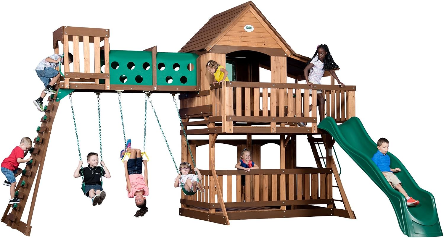 Backyard Discovery Woodridge Elite Cedar Wood Swing Set with Wave Slide, Clubhouse, Crawl Tunnel, Crow's Nest, Belt Swings, Trapeze, Rock Wall Ladder