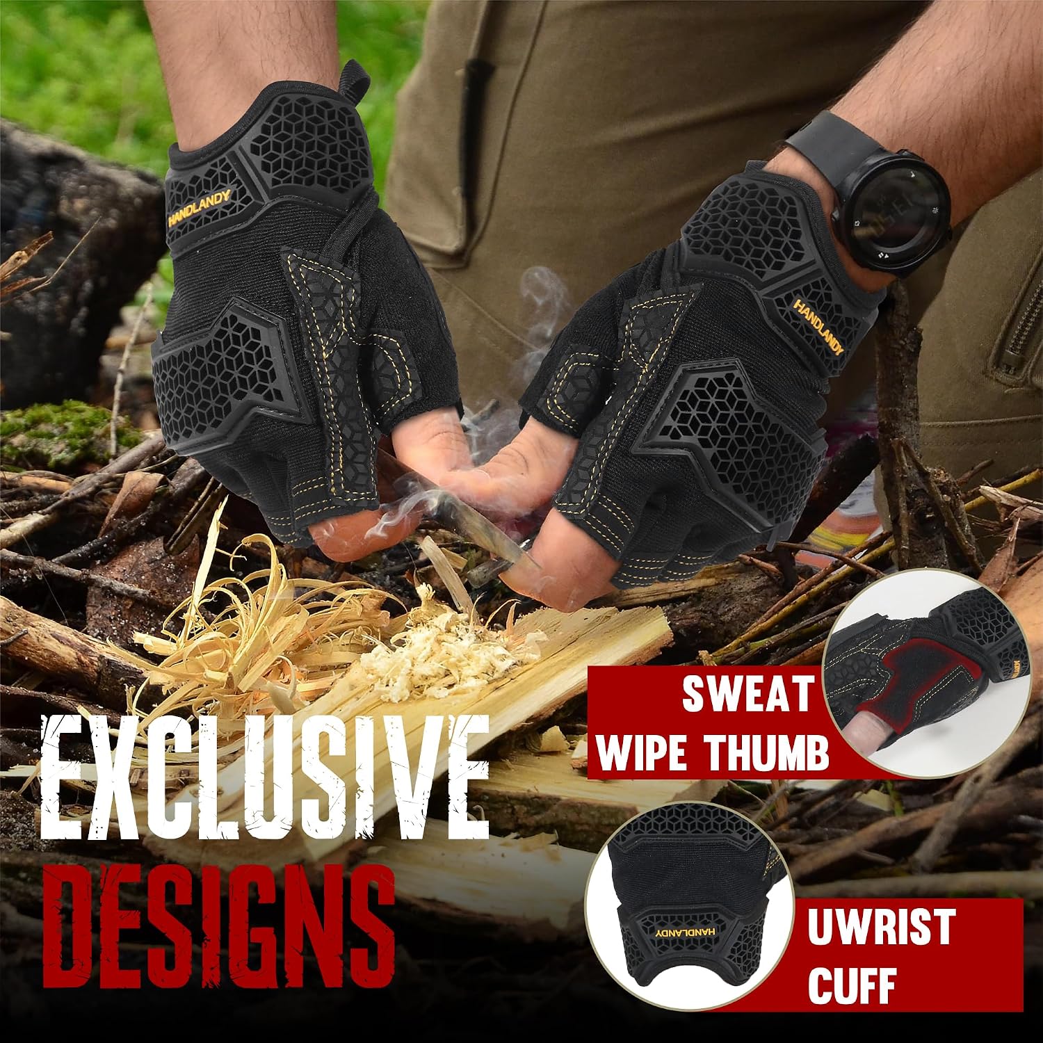 HANDLANDY Framer Work Gloves Open-Finger Carpenters Gloves, Fingerless Gaming Gloves for Tactical Shooting, Airsoft, Hunting, Police Work and Hiking L