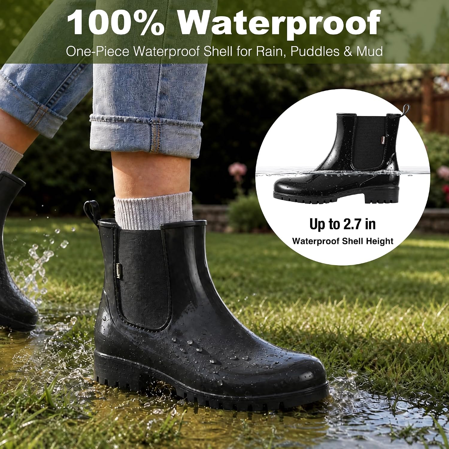 planone Cute Short Rain Boots for Women, Waterproof Chelsea Ankle Boots