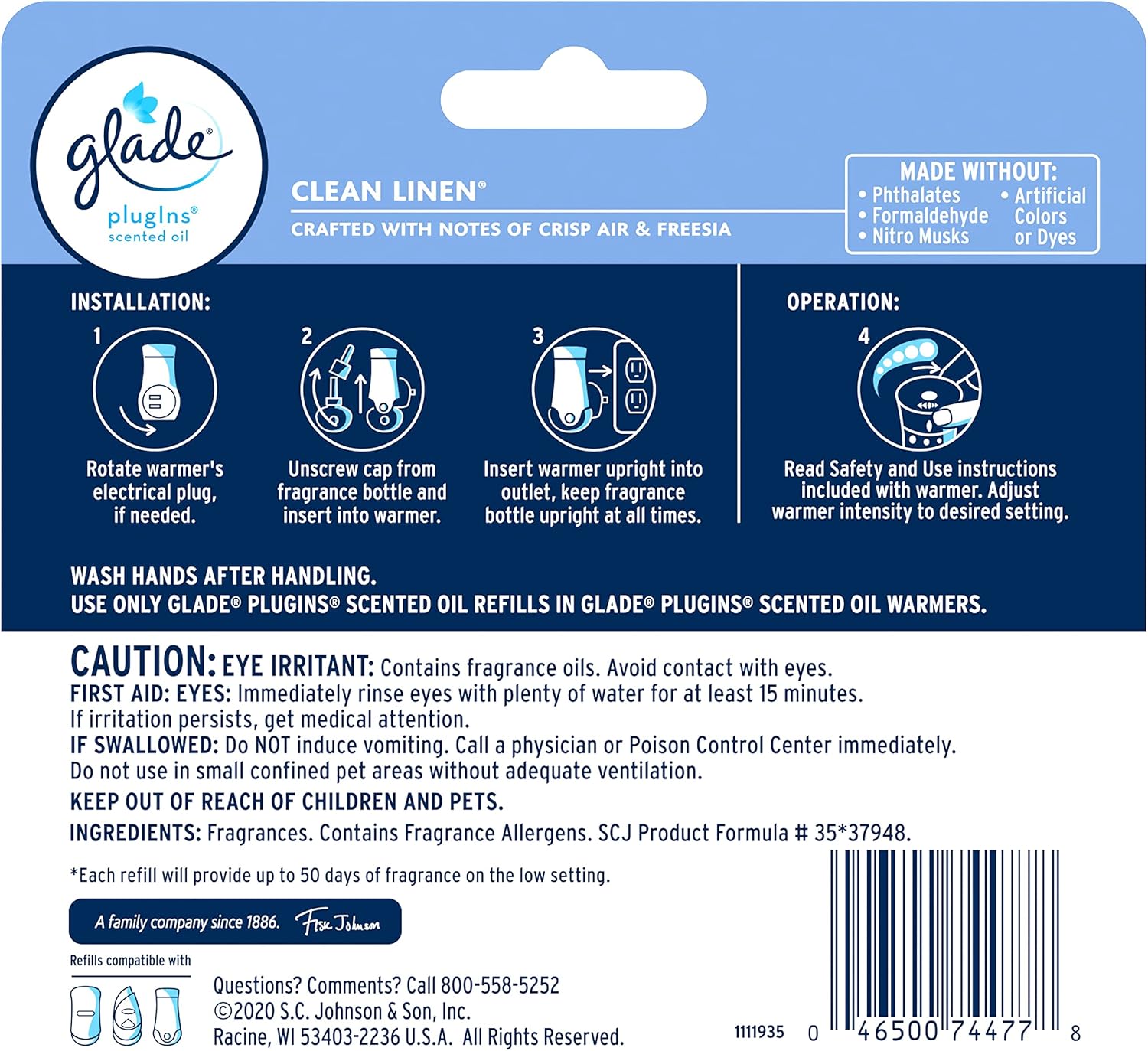 Glade PlugIns Refills Air Freshener, Scented and Essential Oils for Home and Bathroom, Cashmere Woods, 2.01 Fl Oz, 3 Count