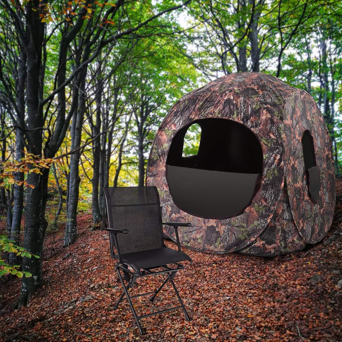 Tangkula 360° Swivel Hunting Chair, Multi-Position Folding Stealth Spin Chair W/Mesh Back, Wide Armrest & No-Sink Footpads