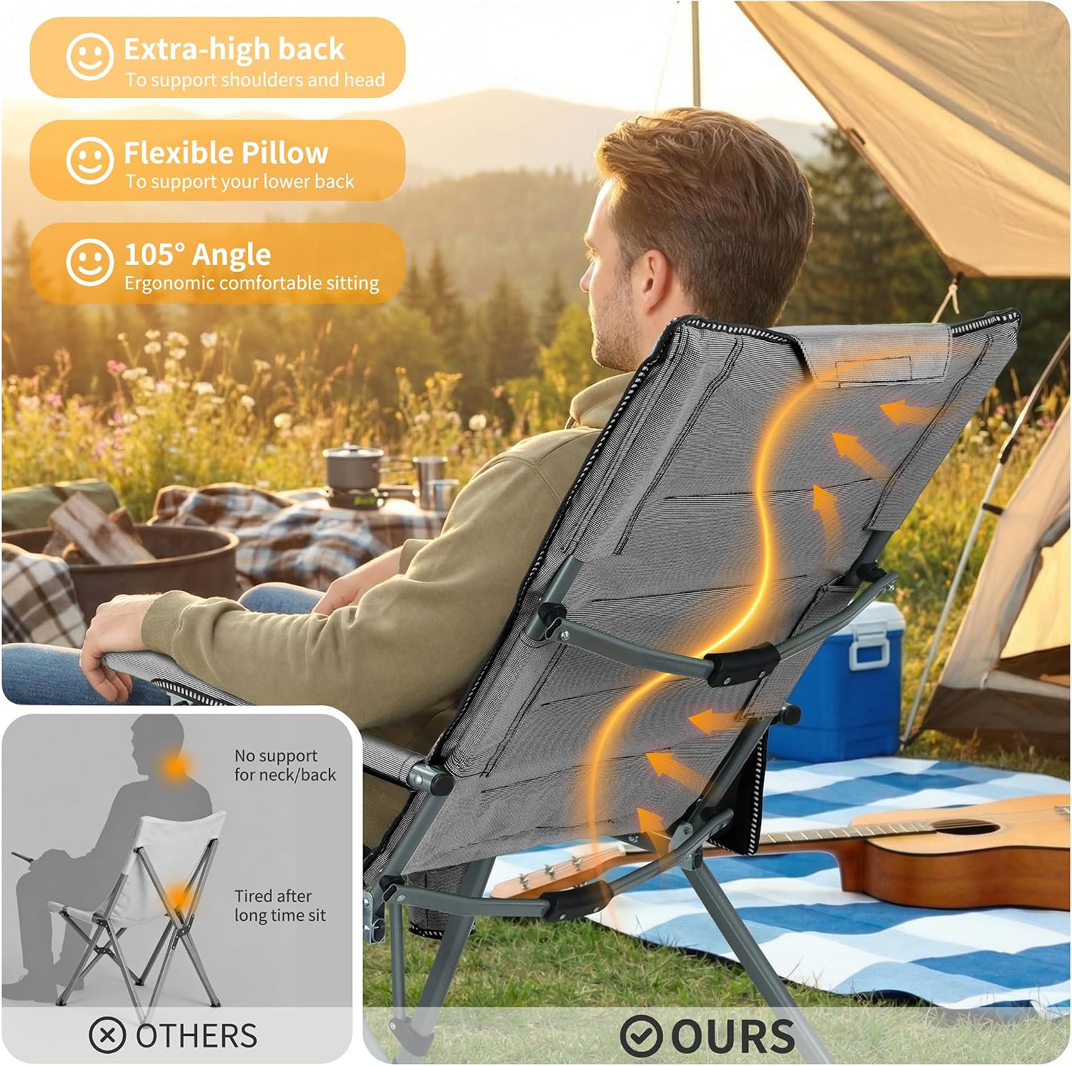 Adjustable Back Folding Camping Chair for Camp, Picnic, Lawn, Fishing | Adjustable Back; Weight Capacity 400 LBS;Hard Arm Portable Chair;Cup Holder;Storage Bag;carrying bag