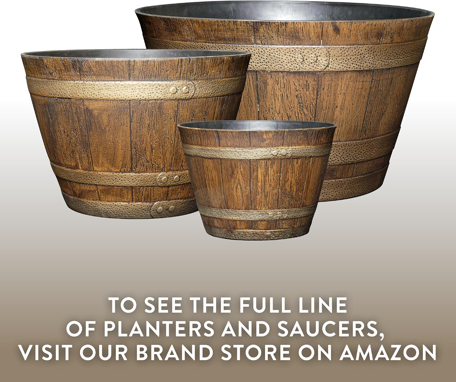 Whiskey Resin Flower Pot Barrel Planter, 15" Oak Brown, Set of 3
