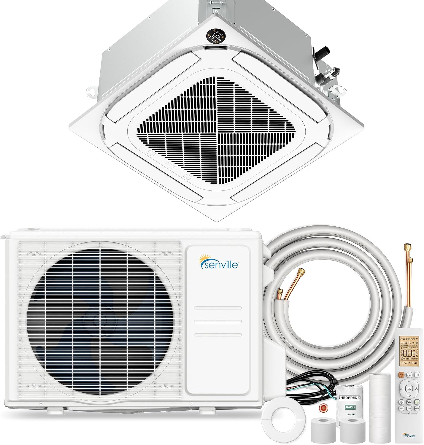 Senville Ceiling Cassette Mini Split AC/Heating System, Inverter, 18000 BTU | 208/230V, Energy Star Certified, AHRI Certified, 16ft Line Set Included, Heat Pump