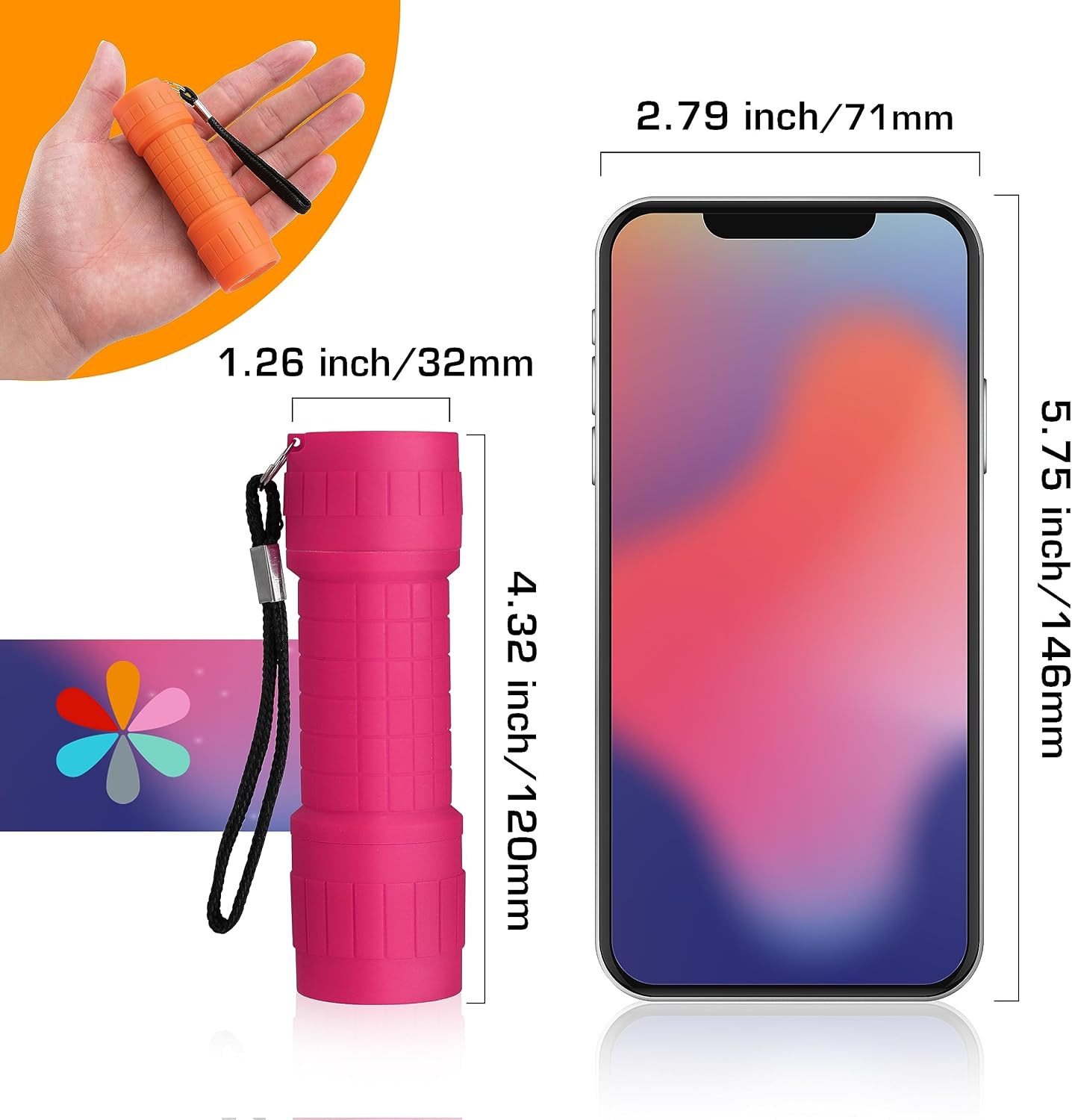 EverBrite Mini Flashlights 6-Pack Mix Colors, Batteries Included | Small, Lightweight, 18 AAA Batteries, 6-Color Set, 9-LED, Wrist Lanyards, for Home, Camping & Emergency use, Holiday Gifts