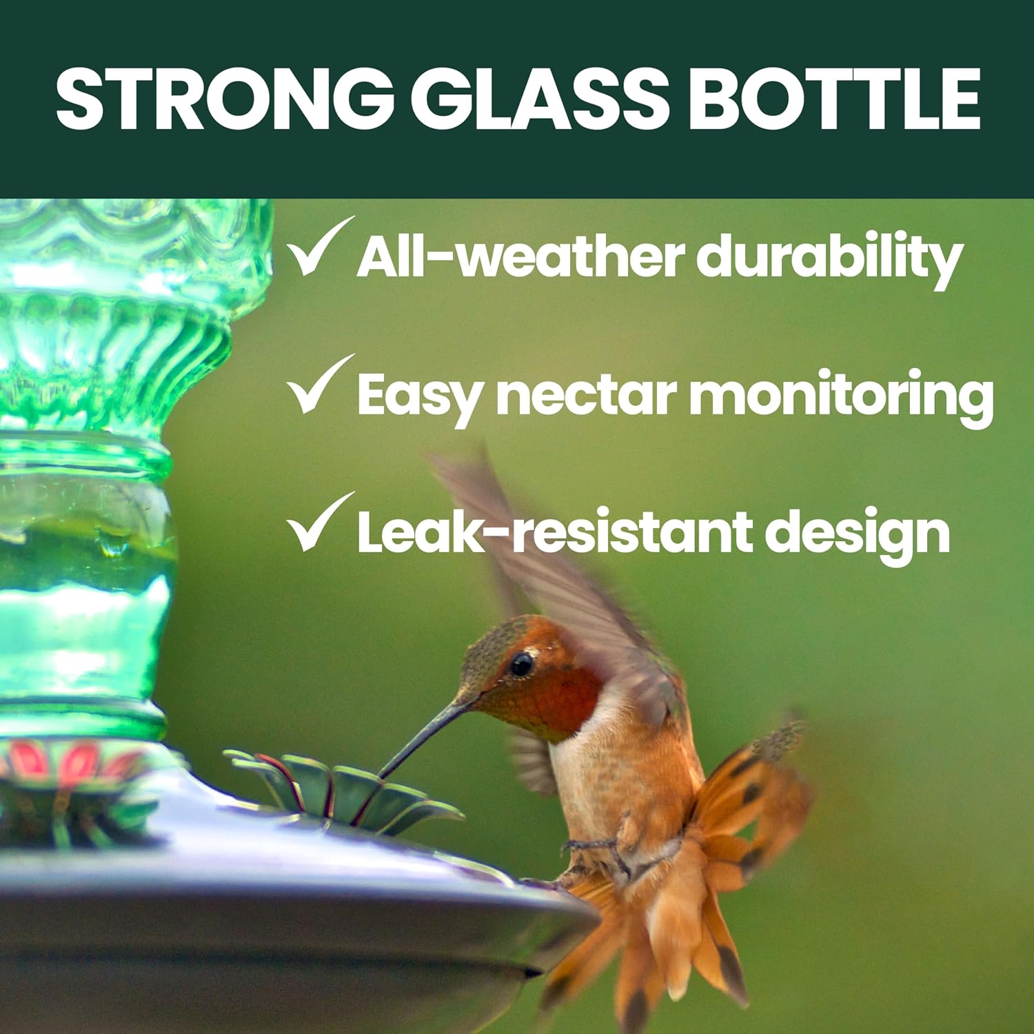 Perky-Pet Antique Glass Bottle Hummingbird Feeder, 10 oz Capacity, Green | 4 Feeding Ports for Outdoors Hanging Bird Feeders, Backyard Garden Décor