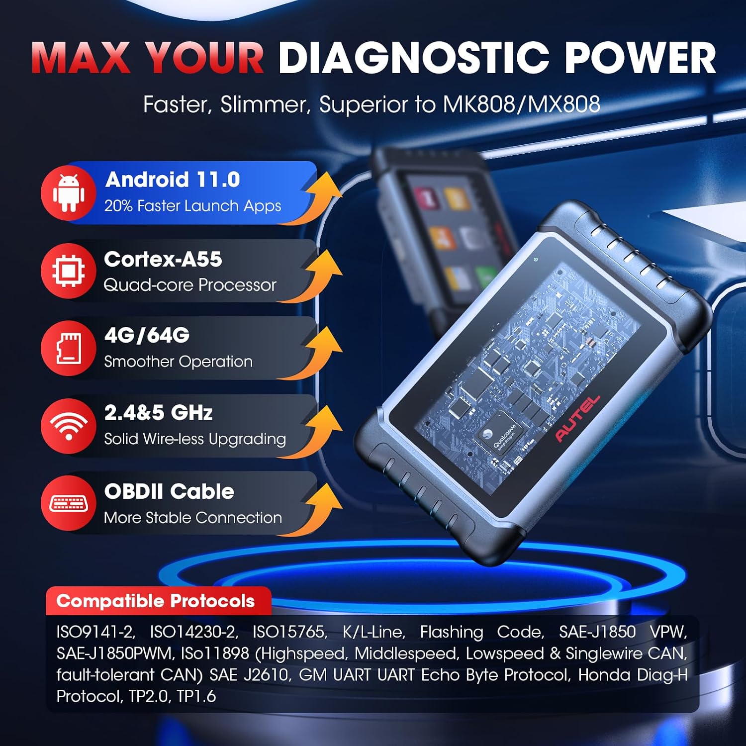 Autel Scanner MaxiCOM MK808S Bidirectional Tool, 28+ Hot Service All System | 3000+ Active Tests as MK900-BT