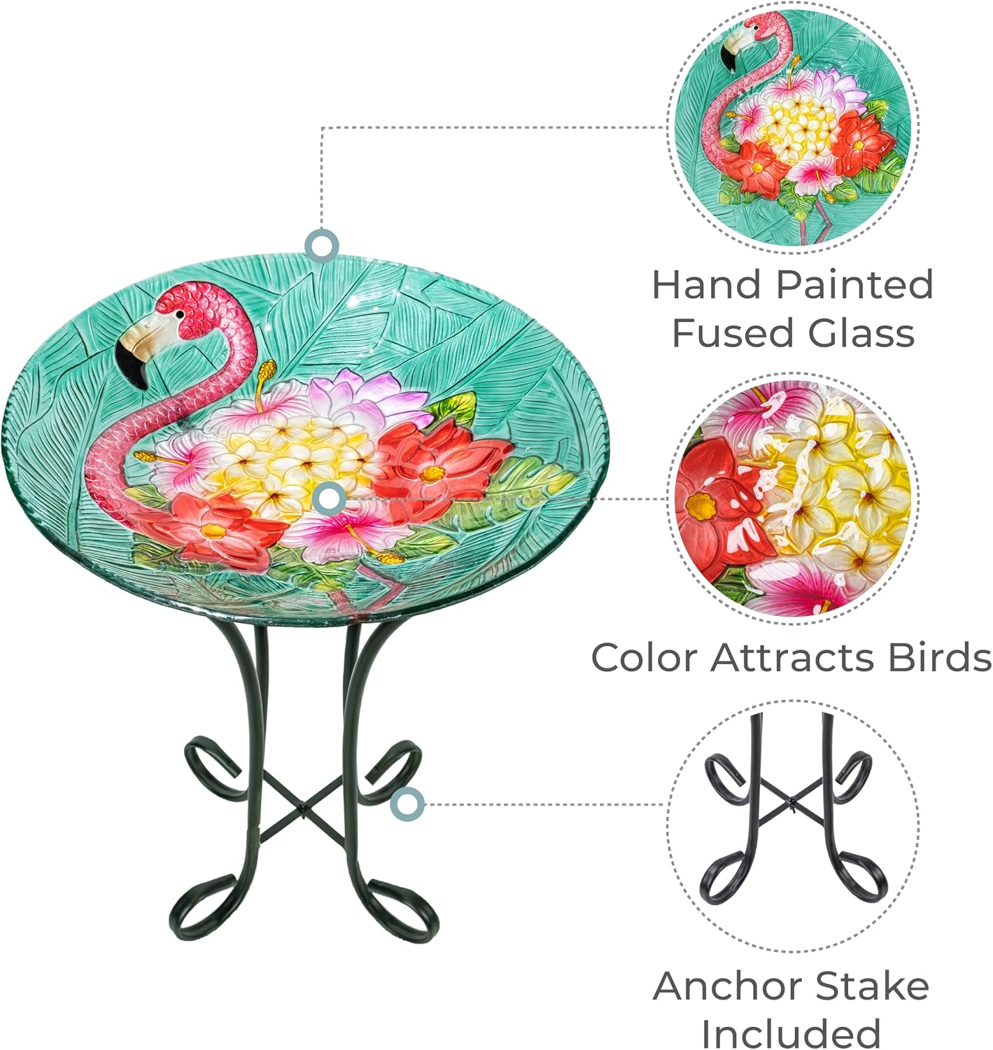 Teamson Home Handpainted Hummingbird Fusion Glass Birdbath Bowl Feeder with Metal Stand for Outdoor Patio Garden Backyard Decking, 21 Inch Height, Purple/Light Blue | Fusion Glass, Metal Stand, Outdoor Patio Garden Backyard Decking, 21 Inch Height