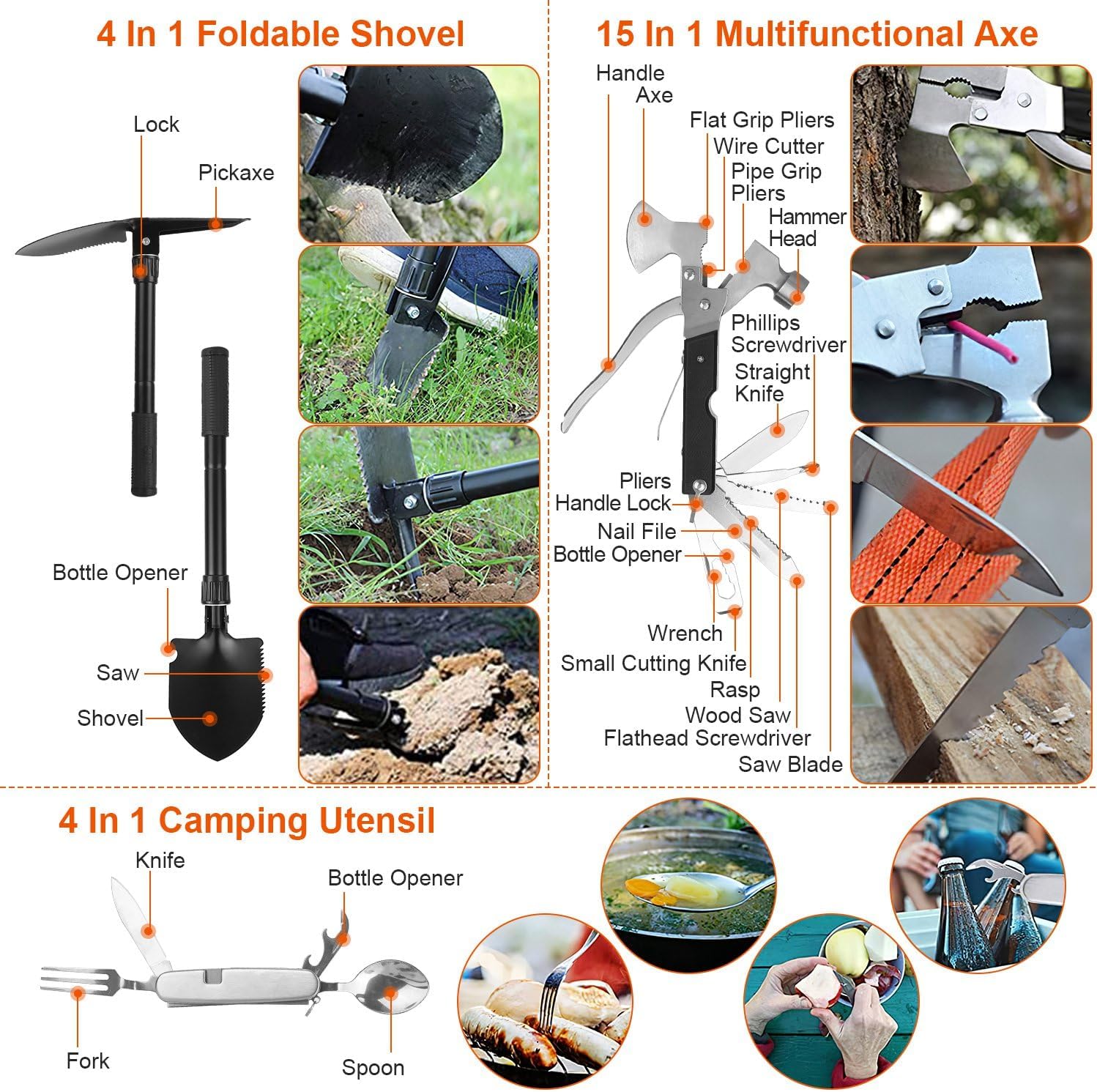 Survival Kit, 125Pcs Emergency Survival Gear Tactical with First Aid Kit Supplies Multifunctional Axe, Emergency Shelter for Outdoor, Camping, Hiking