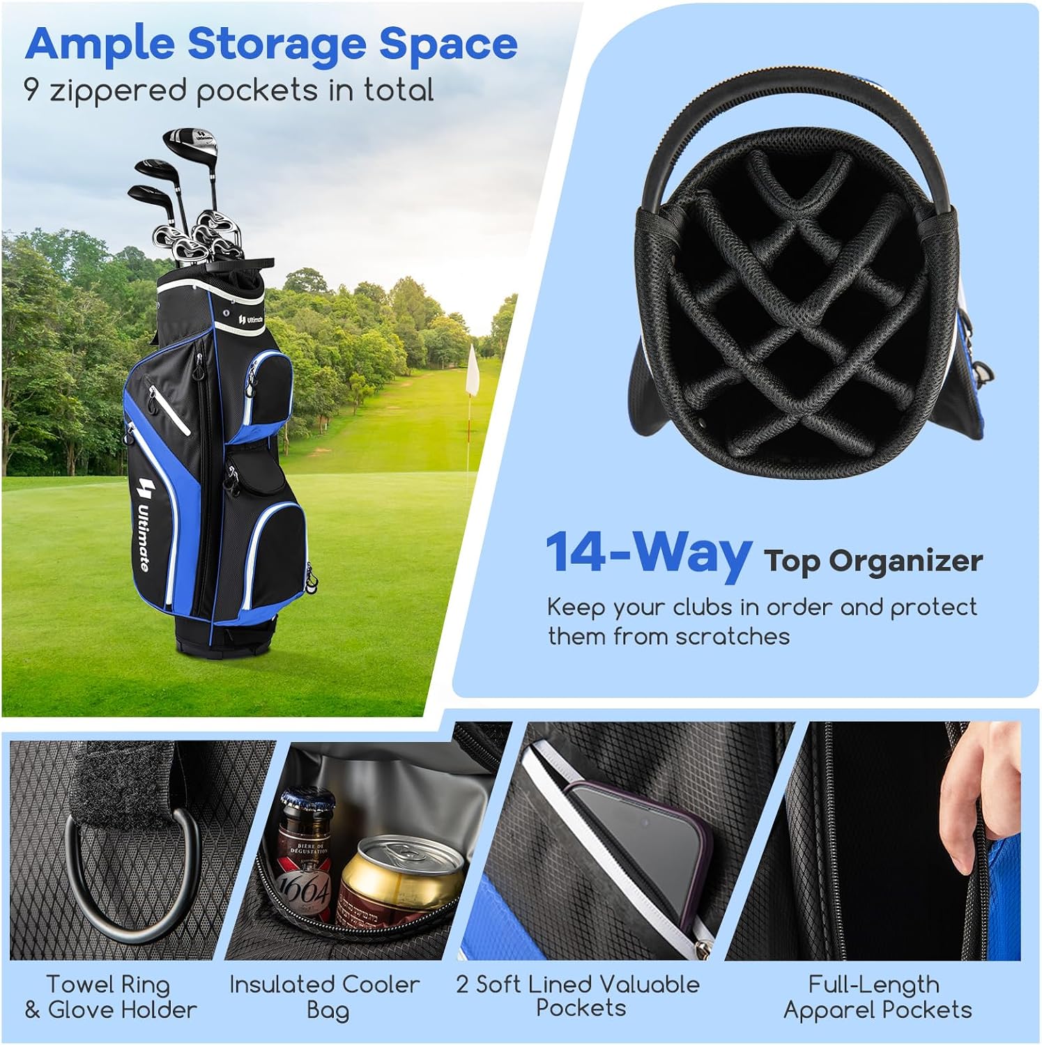 ULTIMATE Golf Cart Bag with 14-Way Top Dividers, Golf Club Bag w/ 9 Pockets incl. Cooler Bag, Rain Hood/Dust Cover, Detachable Shoulder Strap & Carry Handles, Lightweight for Men & Women