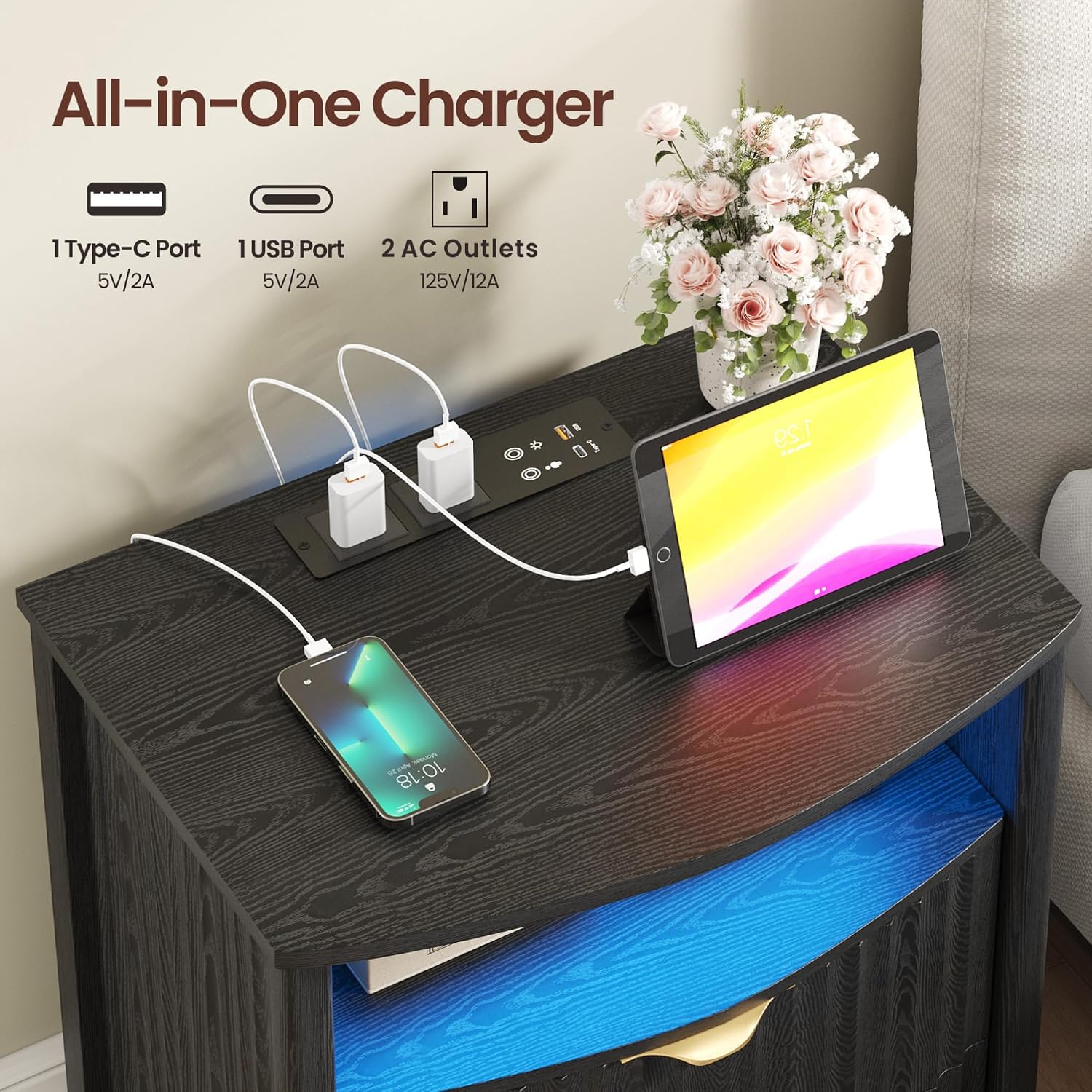 Dystler Fluted LED Night Stand with Hidden Gun Drawer & Charging | 19.7" W Curved Smart Bedside Table, 3-Color LED lights, 2 Drawers, Nightstand with Card-Lock, End Table for Bedroom, Walnut