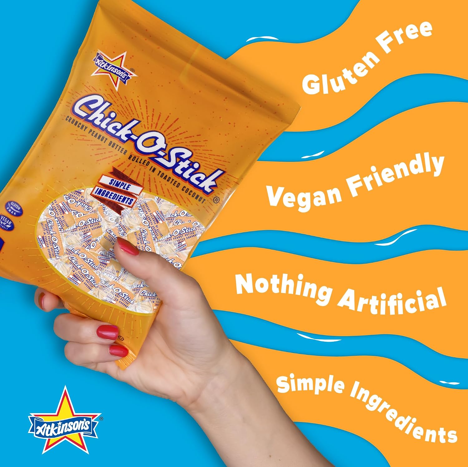 Atkinson's Chick-O-Stick - Crunchy Peanut Butter Rolled in Toasted Coconut - Gluten Free, Kosher, Vegan