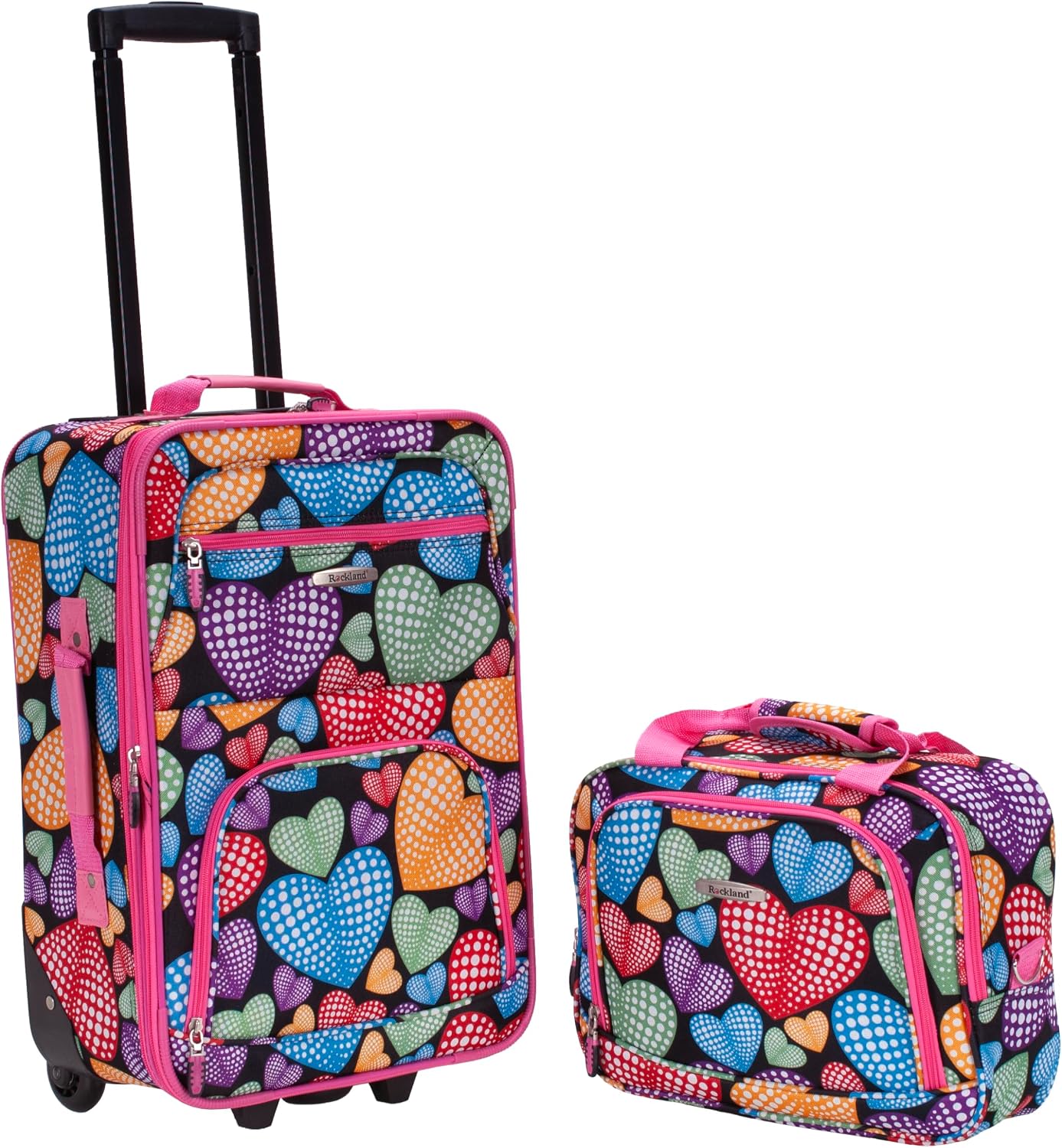 Rockland Fashion Softside Upright Luggage Set,Expandable, Telescopic Handle, Wheel, Black Dot, 2-Piece (14/19)