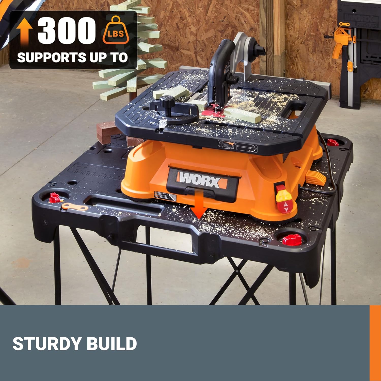 WORX Portable Folding Workbench, 2-in-1 Pegasus Table & Sawhorse, WX051 | 31"×25"×32" dimension, heavy load capacity, fast setup, includes 2 clamps & 4 clamp dogs, lightweight portable design