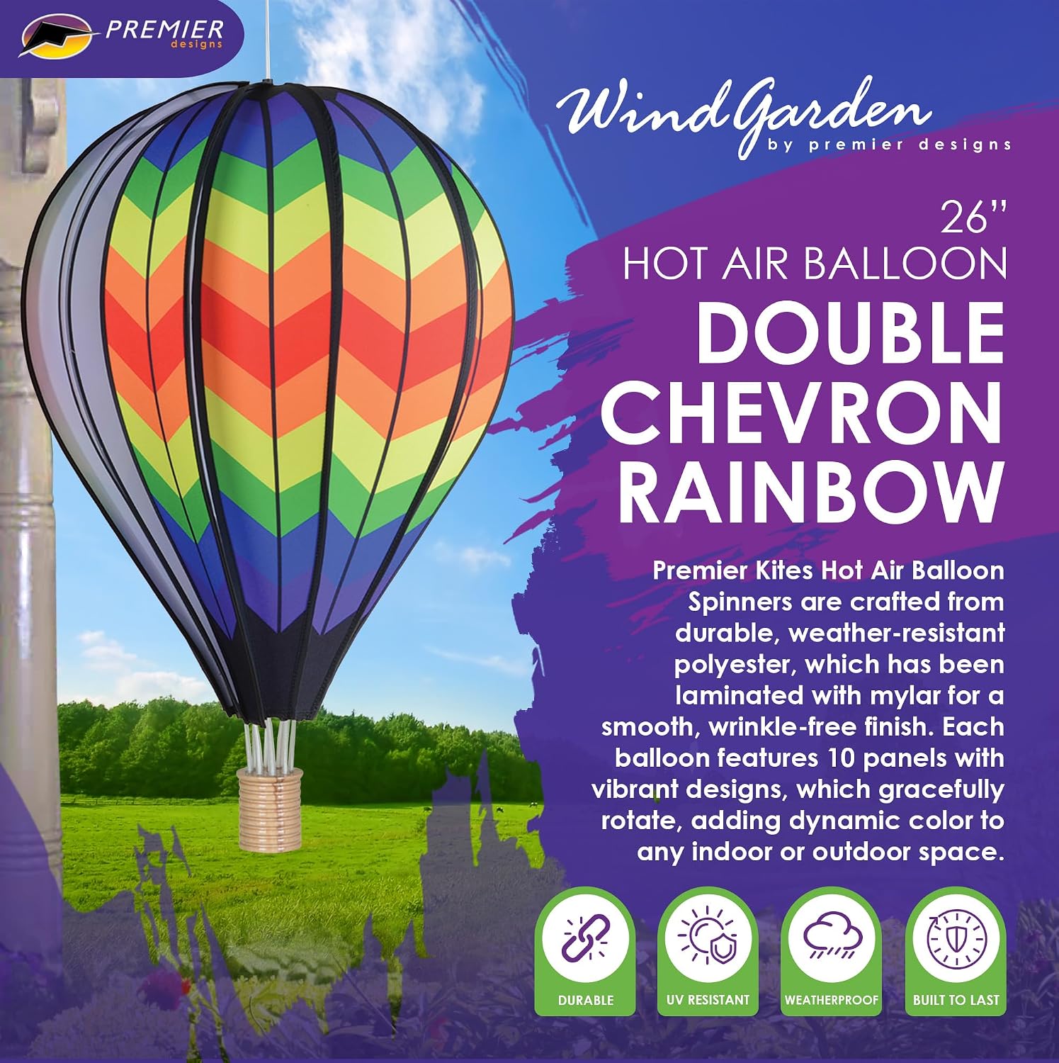 Hot Air Balloon Hanging Garden Spinner 26" - Vibrant Double Rainbow Chevron Design, Weather-Resistant Outdoor Decor, Durable & Lightweight for Patios