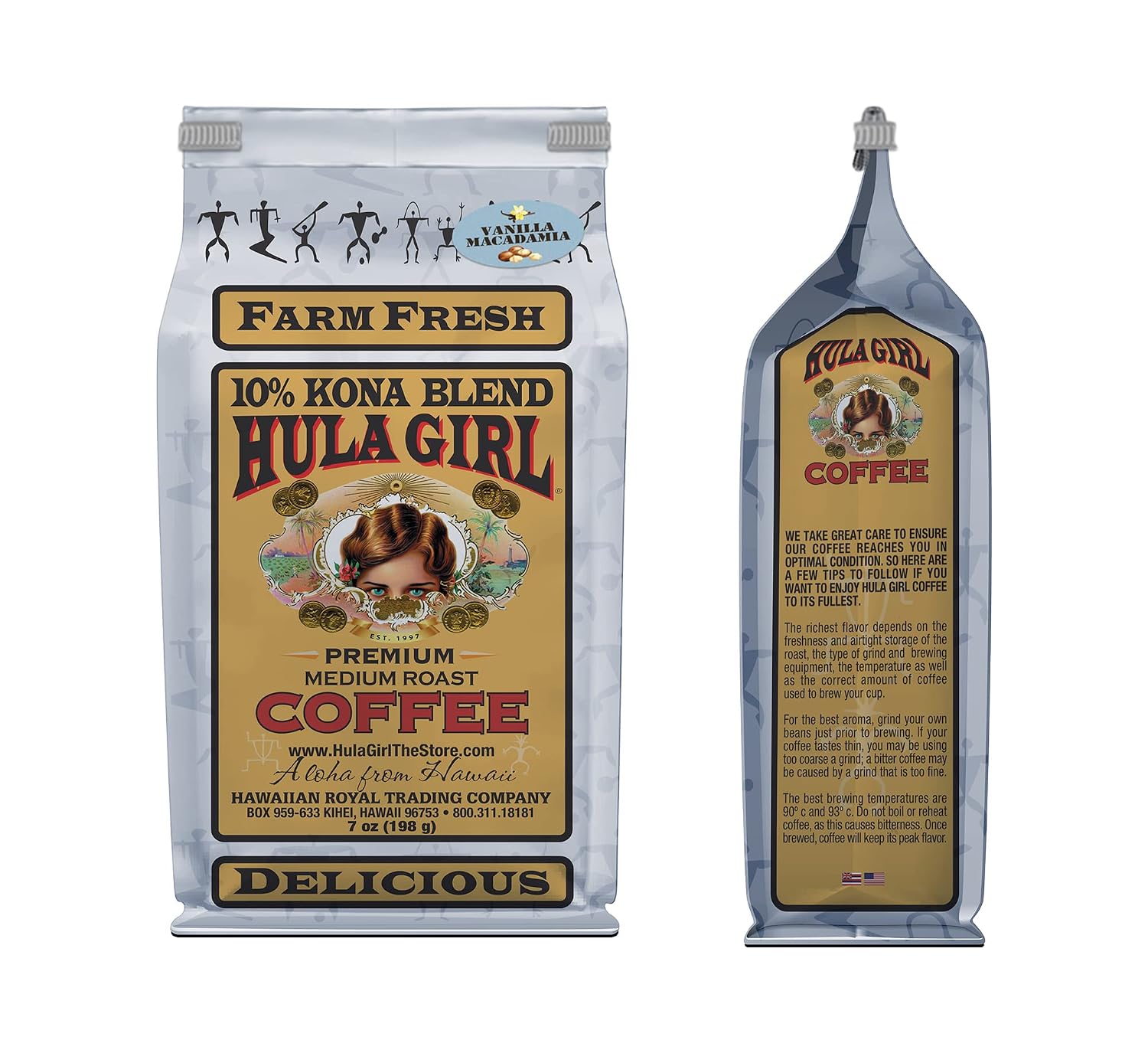 Hula Girl 10% Kona Ground Coffee, Grown in Hawaii, Hand Picked, Sun Dried, Fresh Roasted and Packed in Hawaii for 30 years, 7 Ounce