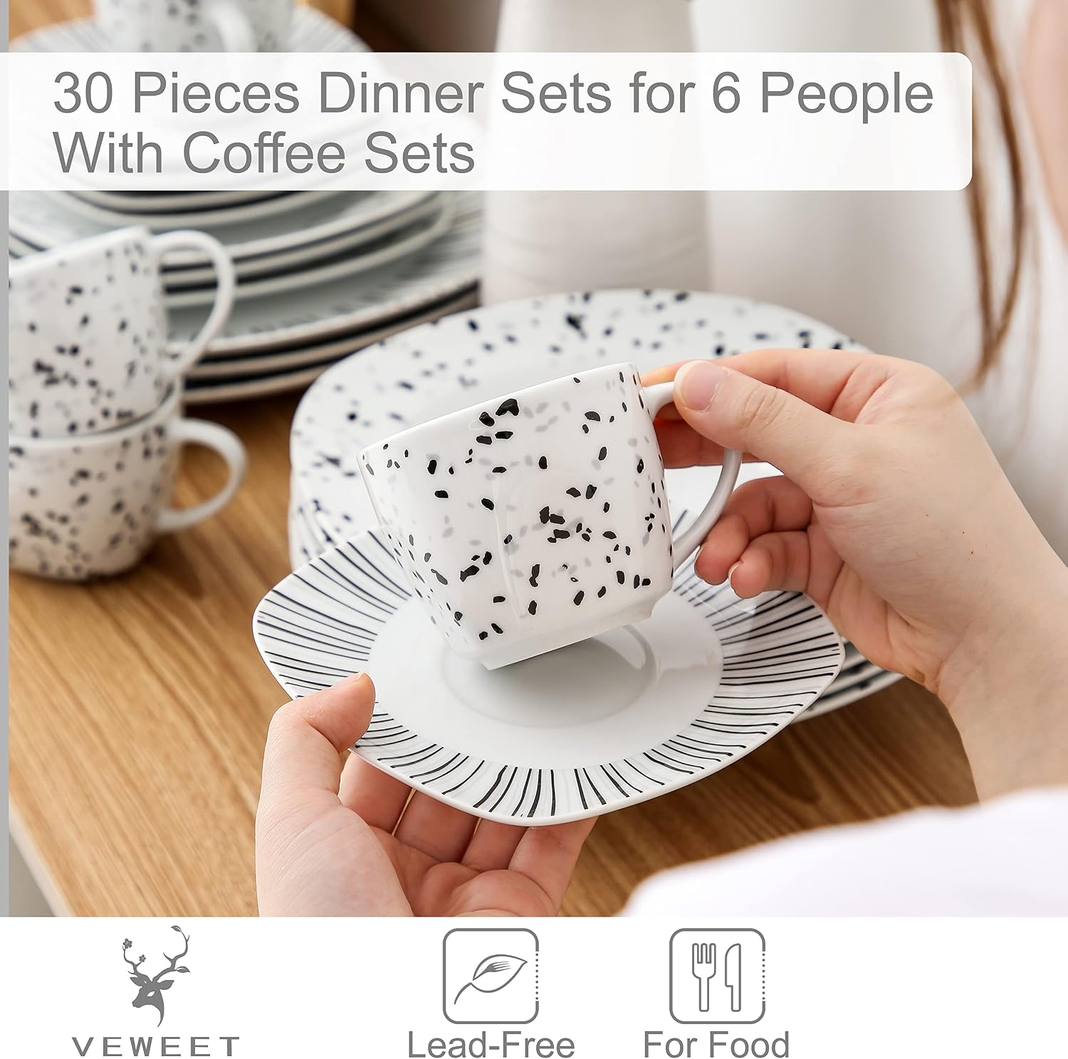 VEWEET 30 PCS Ceramic Dinnerware Sets for 6, Pink Floral Dish Set, ANNIE | Porcelain Dinner Set Including Dessert Plates, Soup Plates, Dinner Plates, Cups & Saucers, Microwave & Dishwasher Safe