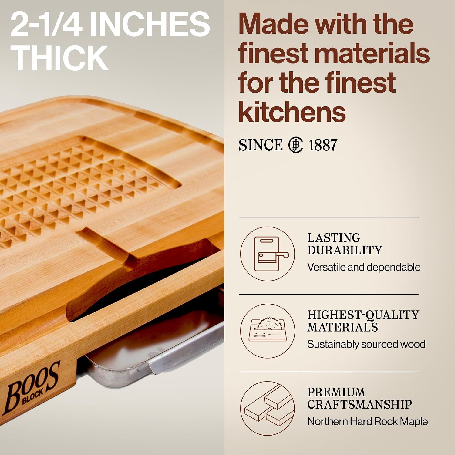 John Boos Maple Wood Cutting Board, 24”x18” – 2.25” Thick, 31-lb Reversible Wooden Butcher Block with Catch Pan, Sloped Juice Groove