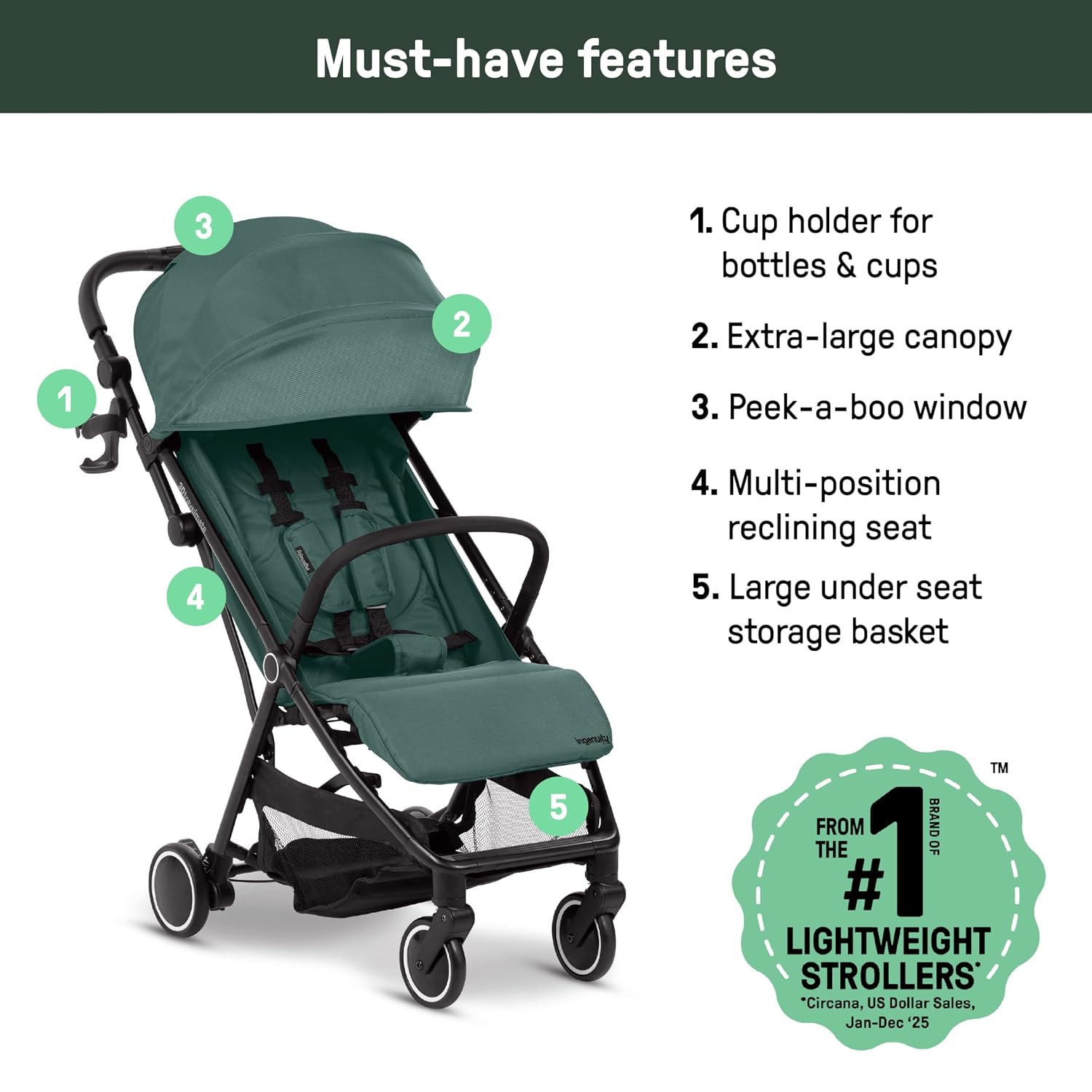 Ingenuity 3D Travelmate Pro Lightweight Travel Stroller with Fold-Away Ride-On Board for Toddlers, Airplane Overhead Bin Compatible, Car Seat Ready, One-Hand Fold