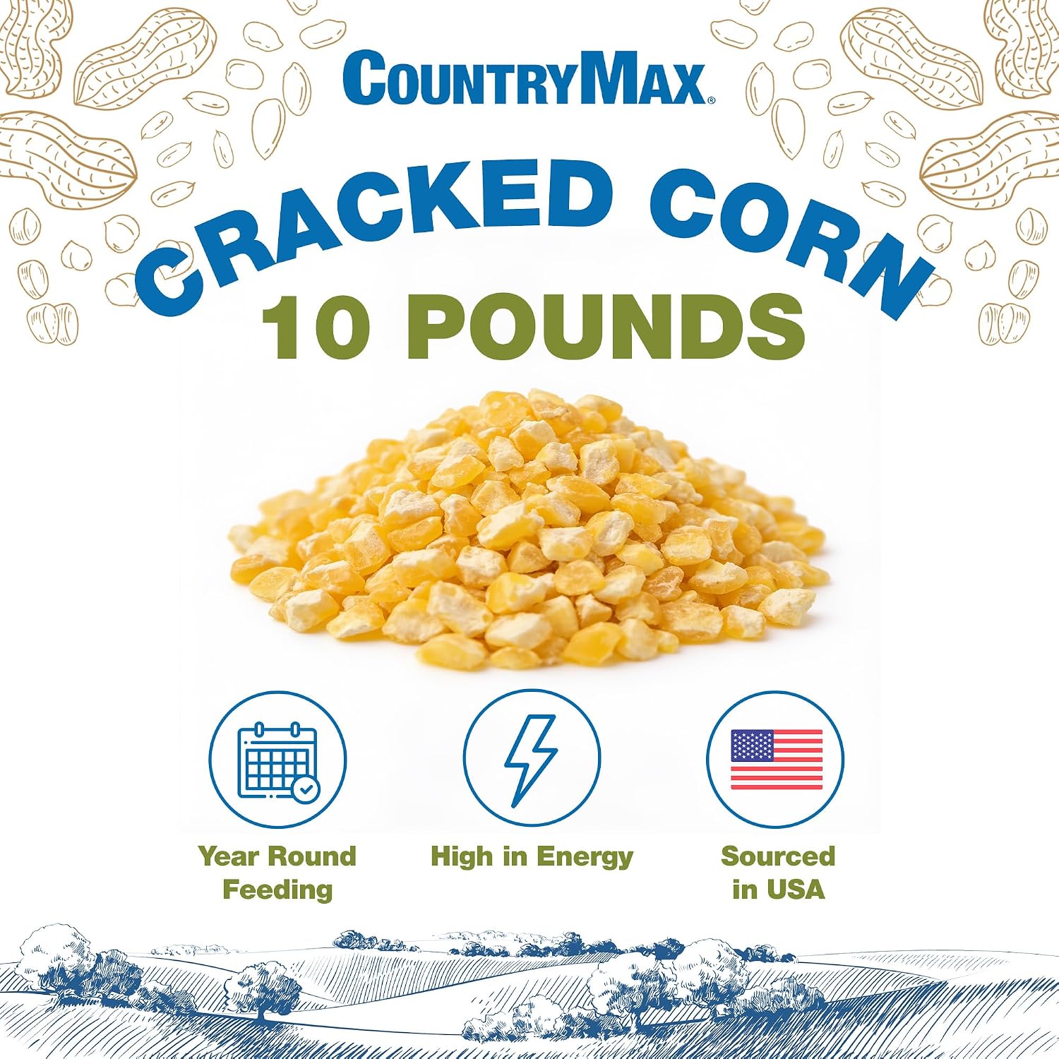 CountryMax 50LB Cracked Corn Chicken Feed, for Birds, Deer, Squirrels | High Energy, USA Sourced, Year-Round Feeding for Poultry, Wildlife, Birds. For Ground Feeding or Bird Feeders