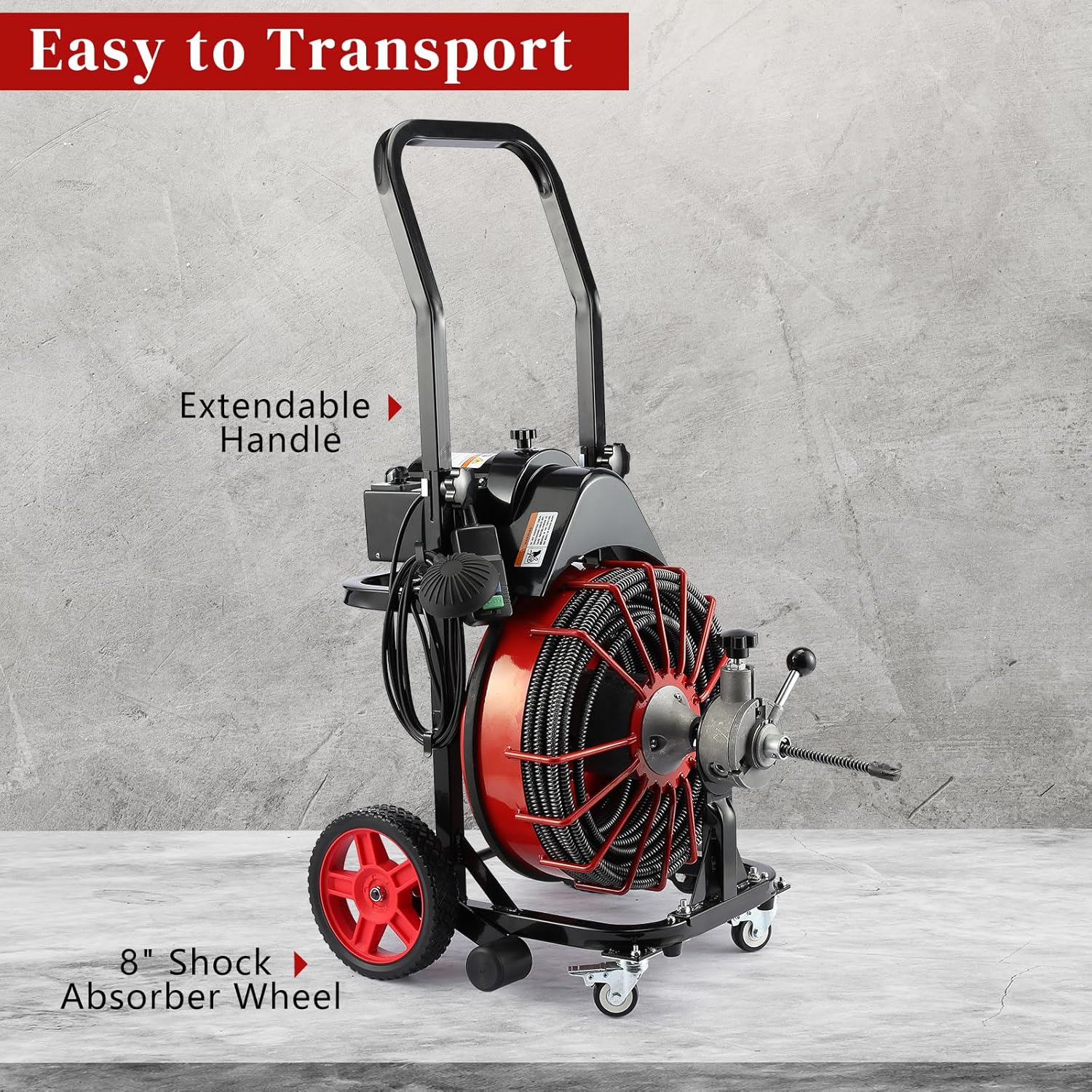 Drain Cleaner Machine, 100 ft x 1/2 in Sewer Auger for 1-4 in Pipes | 550W Motor with Auto-Feed Control, Air Foot Switch, GFCI Protection, 4 Cutters