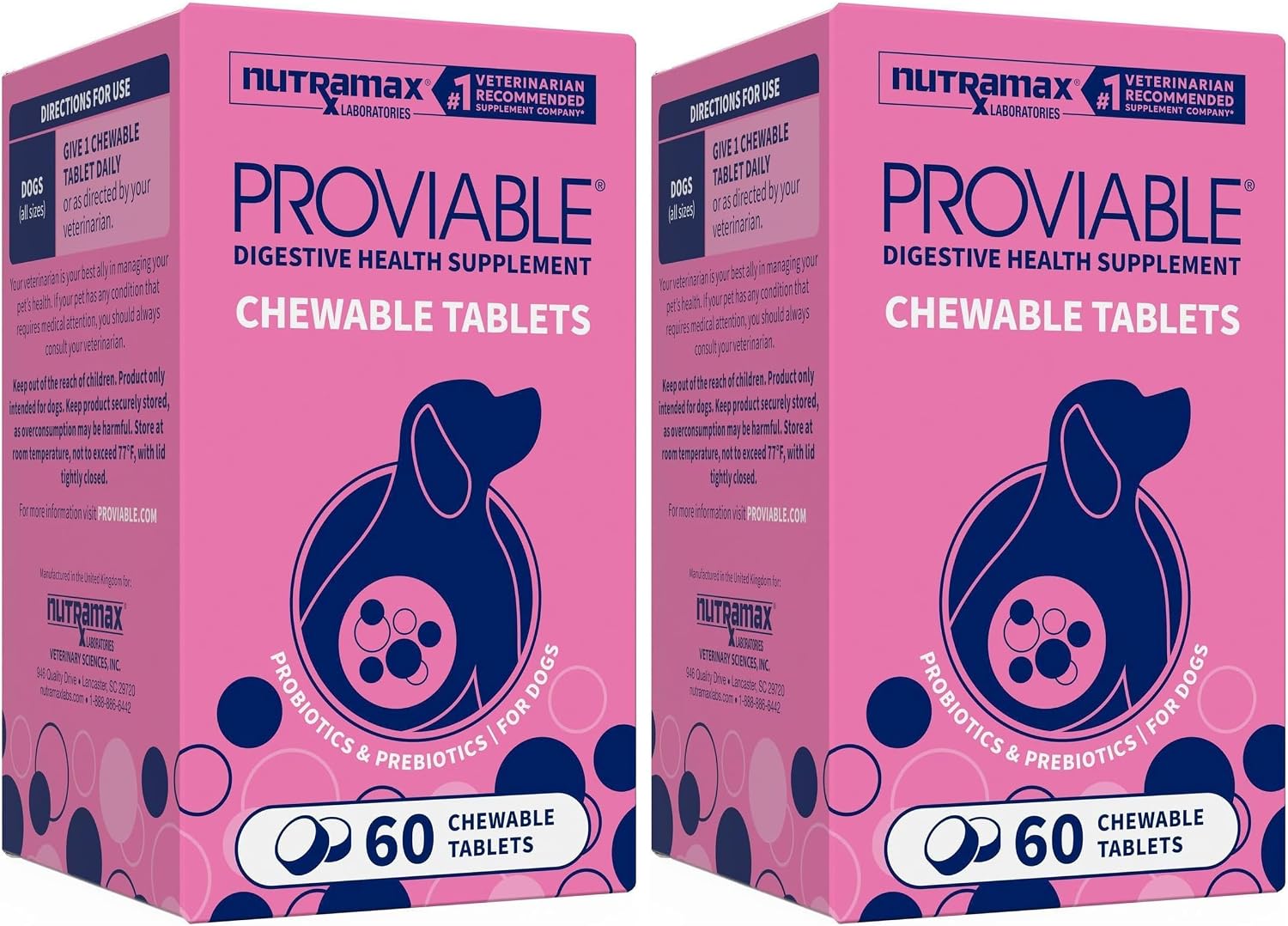 Nutramax Proviable Probiotics + Prebiotics for Dogs, Chewable Tablets, 60ct