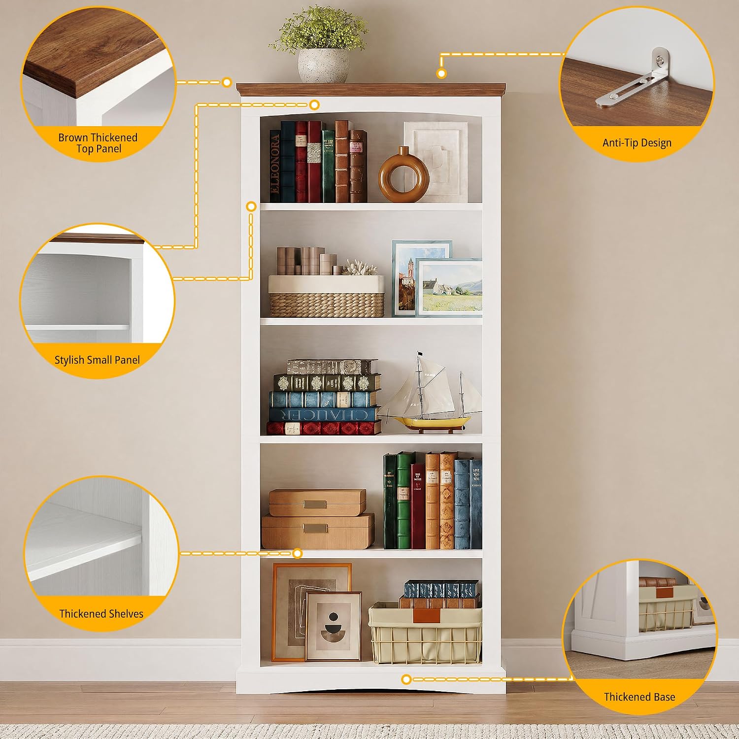 IRONCK 5 Tier Farmhouse Bookshelf 70.9" White Bookcase with Brown Wood Top | brown top & brace side panels, anti-tip stable design, bookcase, bedroom