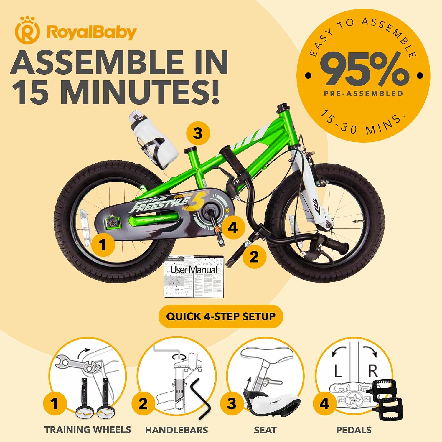 RoyalBaby Freestyle Kids Bike 12 14 16 18 20 Inch Bicycle for Boys Girls Ages 3-10 Years, Multiple Color Options