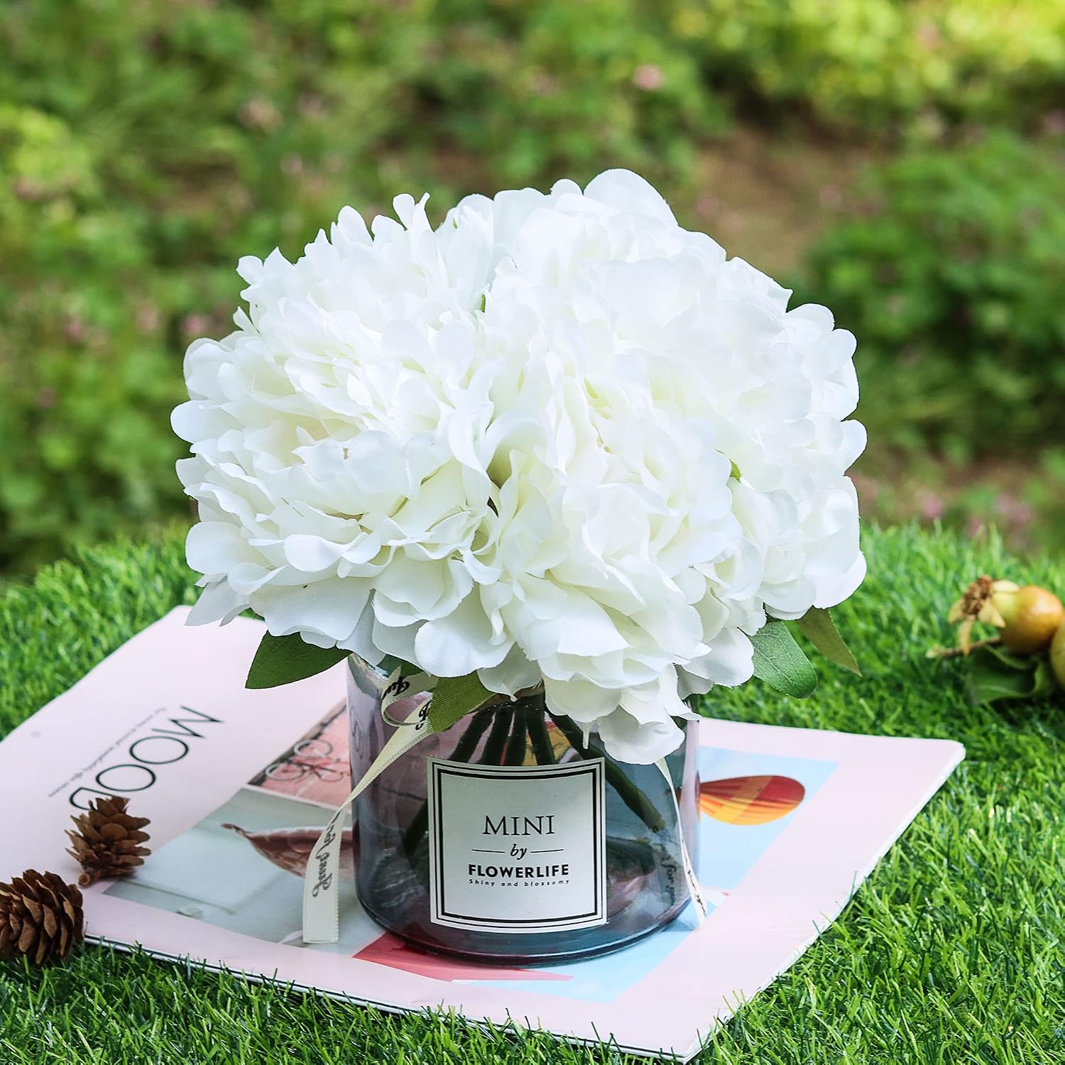 MOOMASS Artificial Peony and Glass vase, Ins Style Artificial Flower Glass Bottle Set, Suitable for Living Room, Dining Table, Office, Wedding