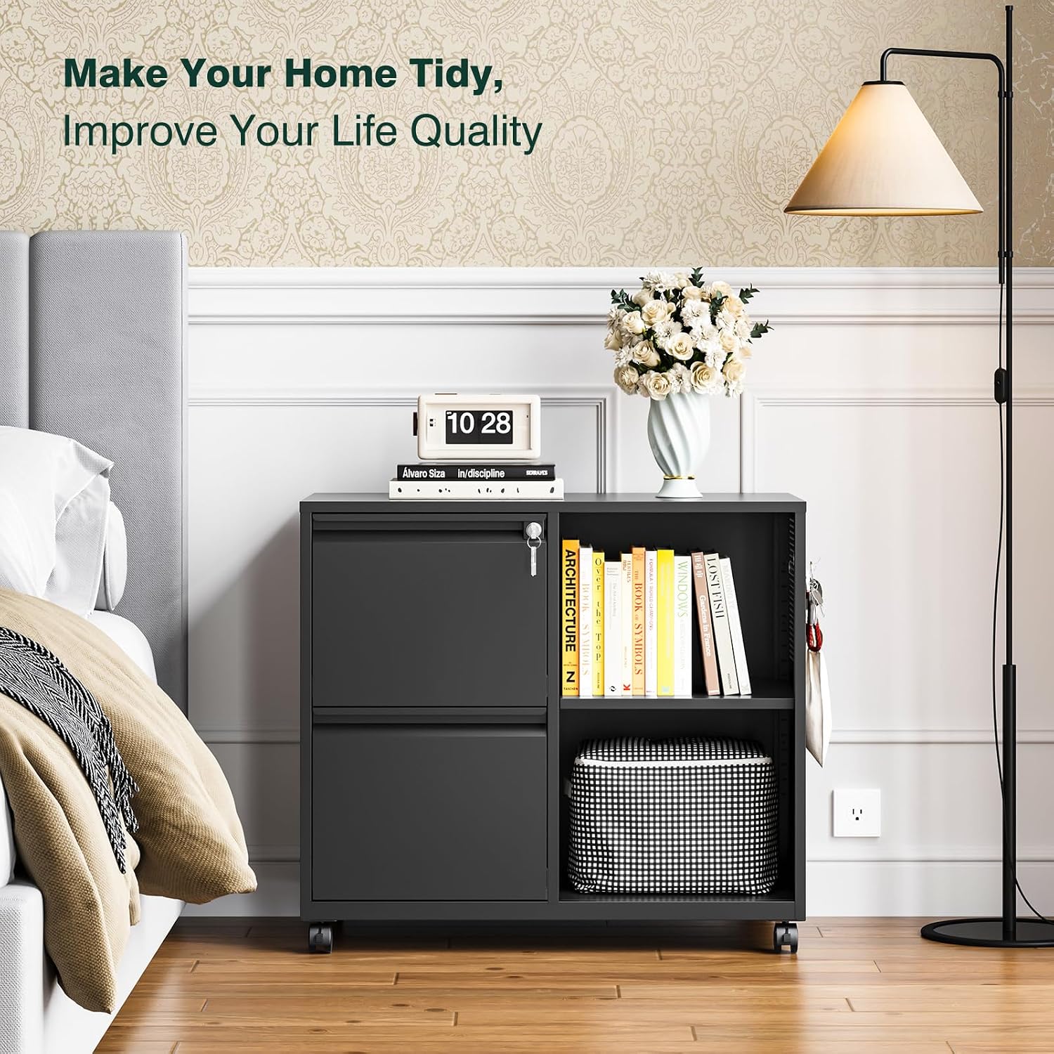 3 Drawer File Cabinet with Lock,Mobile Lateral Filing Cabinet with Side Hook for Letters/Legal/A4, Metal Printer Stand Storage Cabinets with Shelves for Home Office(Black)