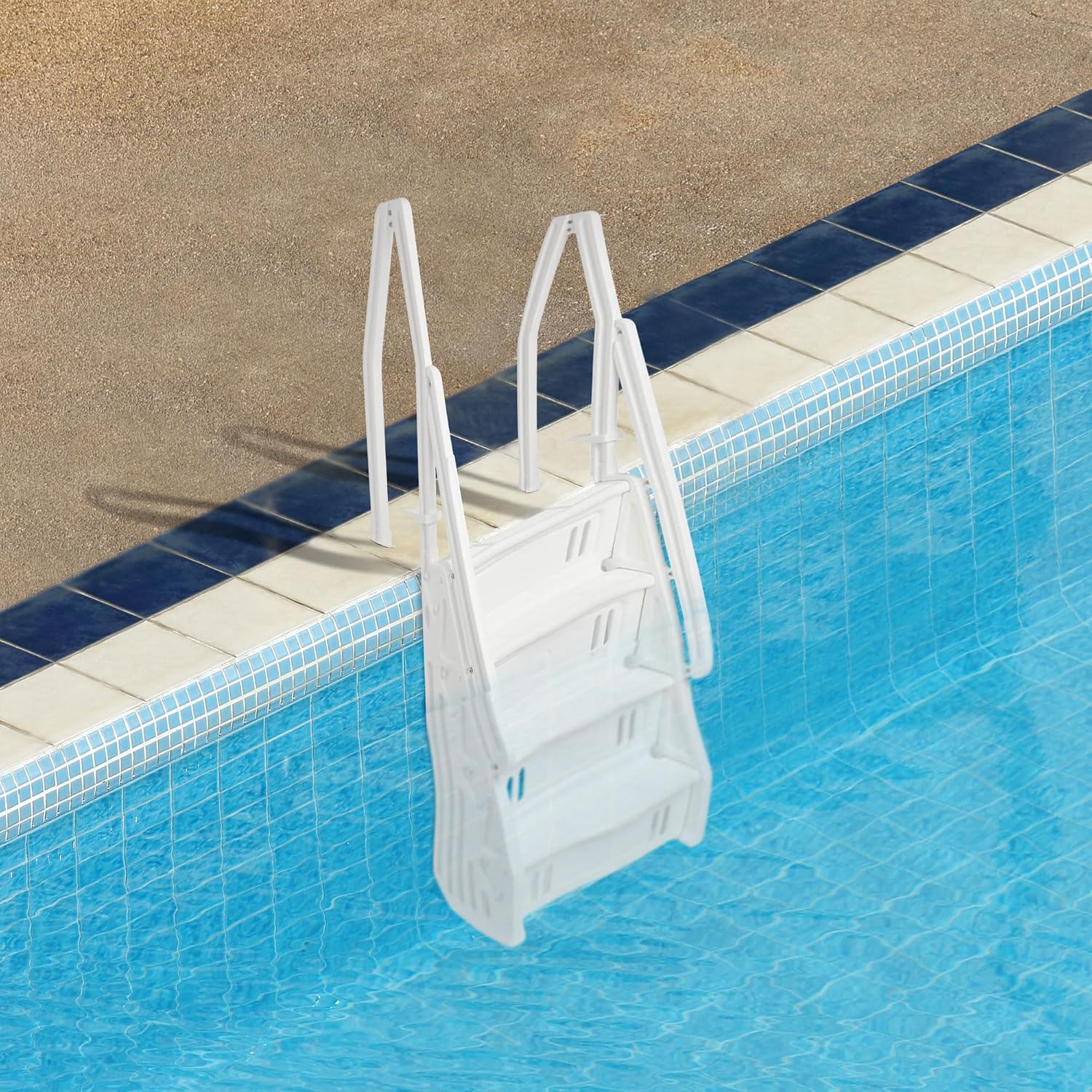 24 Inch in Pool Step Ladder, Adjustable Stair Entry System with Handrails and Non-Slip Surface for Above Ground Swimming Pools, White