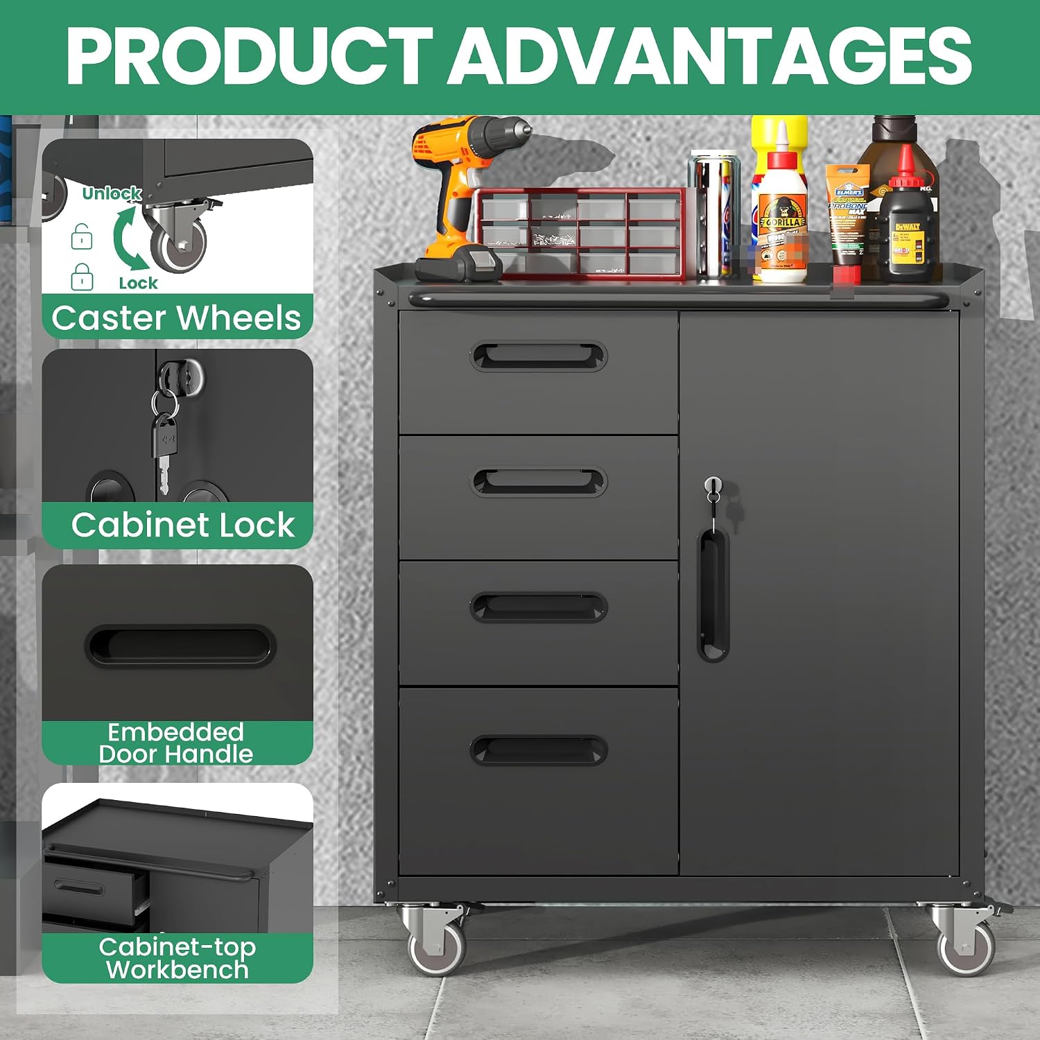 Garage Cabinets,Metal Garage Storage Cabinet with Wheels,Black Lockable Rolling Tool Cabinet with Drawer and Adjustable Shelves,Heavy Duty Tool Chest for Home Office Utility Room