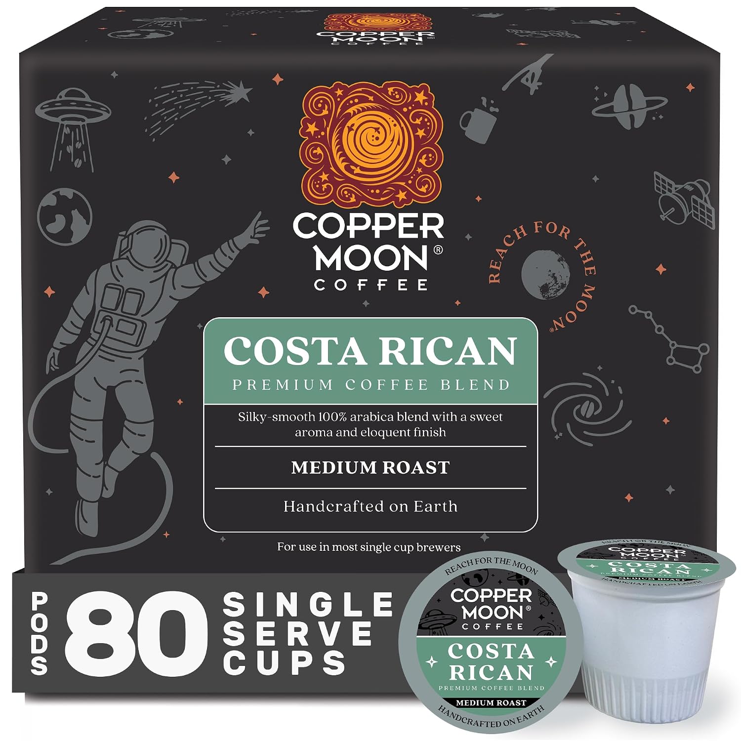 Copper Moon K-Cup Coffee Pods, Medium Roast, Costa Rican Blend, 80 Count | Single Serve, Vegan, Allergen Free, Non-GMO, Kosher, Small Batch Roasted, Vegetarian, Compatible with Keurig K Cup Brewers