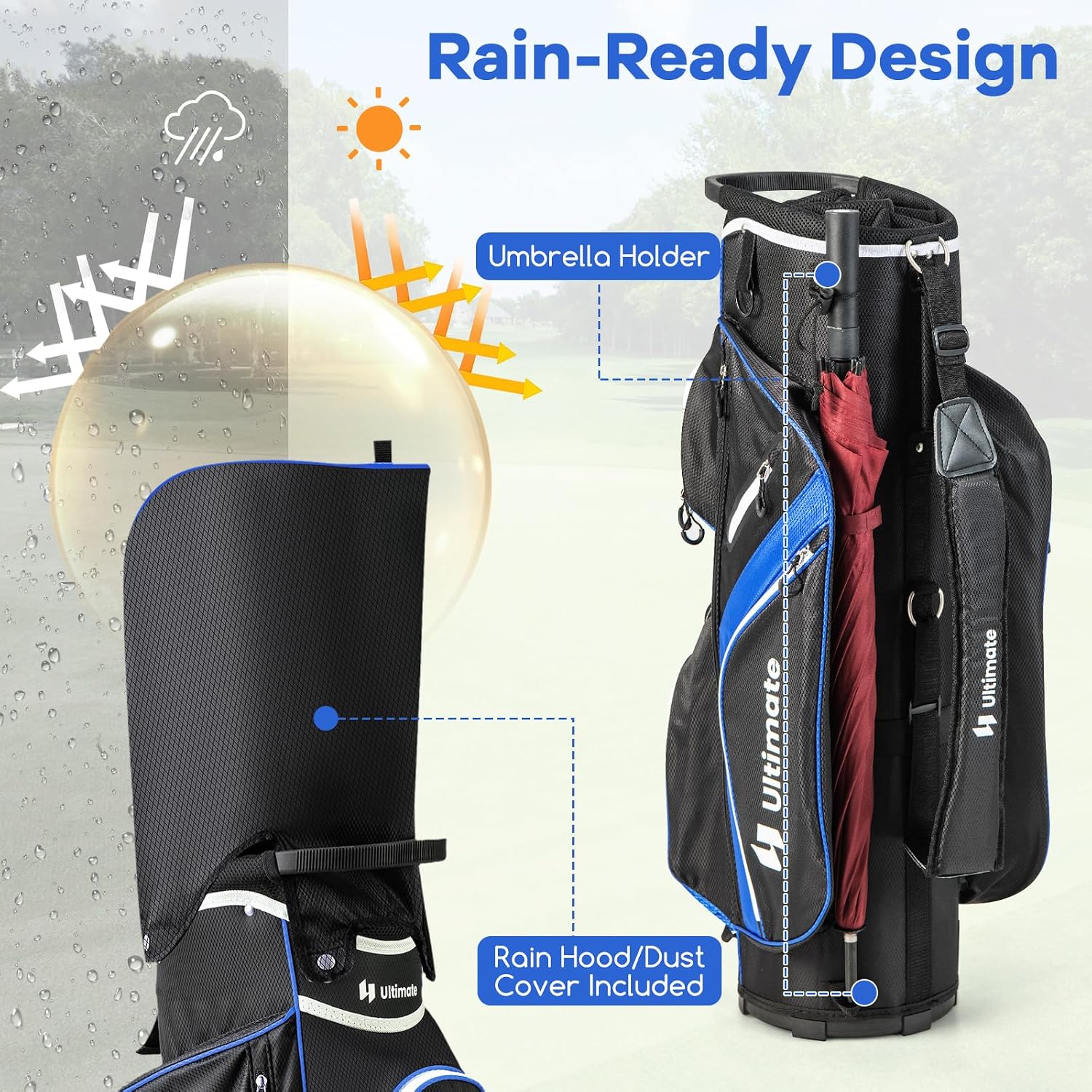 ULTIMATE Golf Cart Bag with 14-Way Top Dividers, Golf Club Bag w/ 9 Pockets incl. Cooler Bag, Rain Hood/Dust Cover, Detachable Shoulder Strap & Carry Handles, Lightweight for Men & Women
