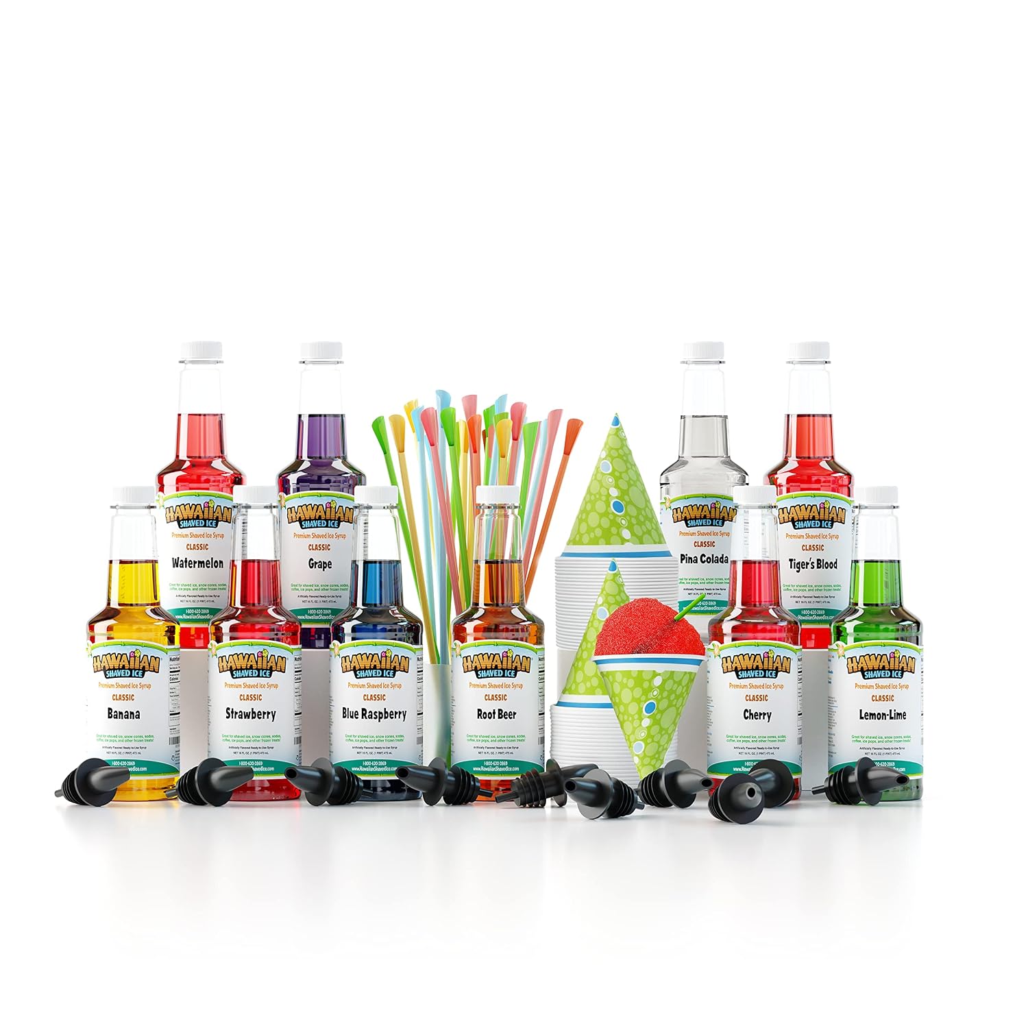 Hawaiian Shaved Ice Syrup Assortment with 10 - 16oz Bottles, 50 Snow Cone Cups, 50 Spoon Straws