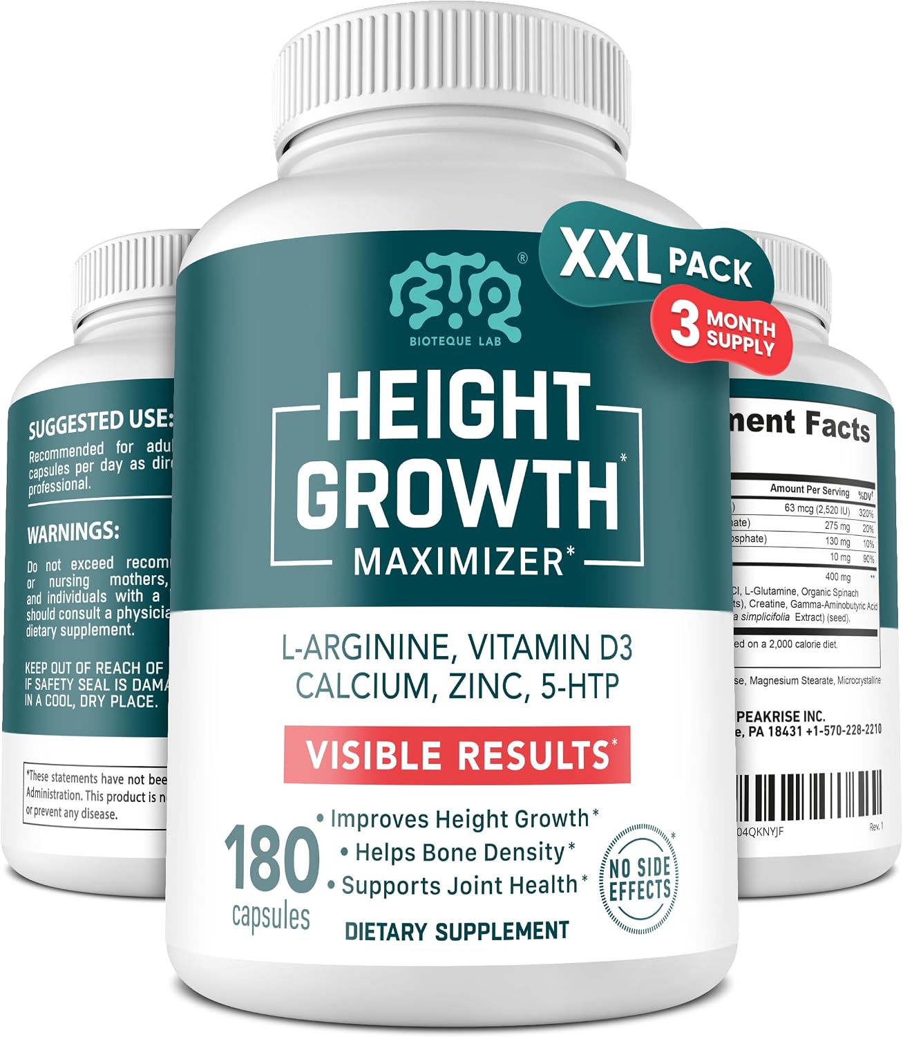 BIOTEQUELAB Height Growth Maximizer, Calcium, Vitamin D3 and Zinc Blend Pills, Bone Growth Supplement for Kids and Teens, Bone Strength