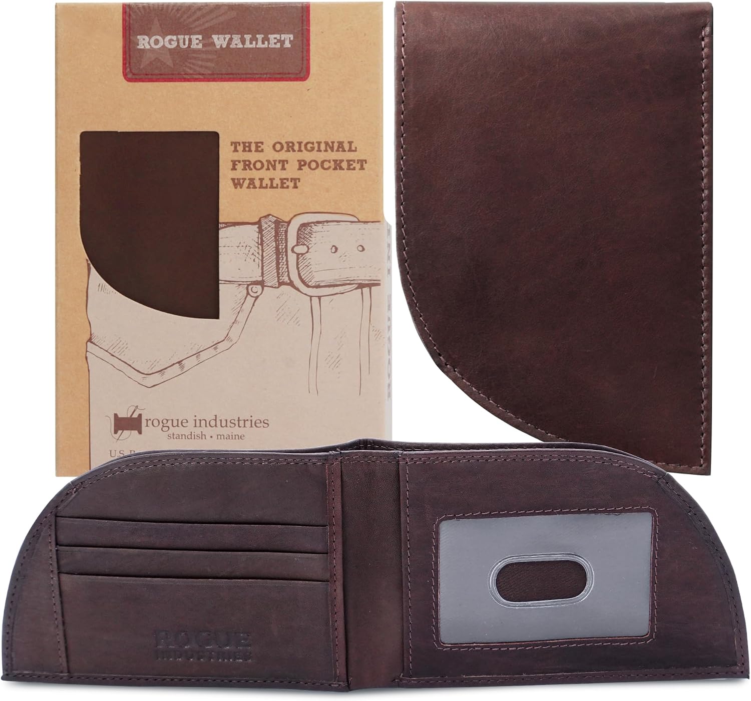 Genuine Bison Leather Wallet for Men, RFID Slim, Brown | Genuine bison leather wallet for men with RFID blocking and curved front pocket fit. Rugged slim everyday carry, brown.